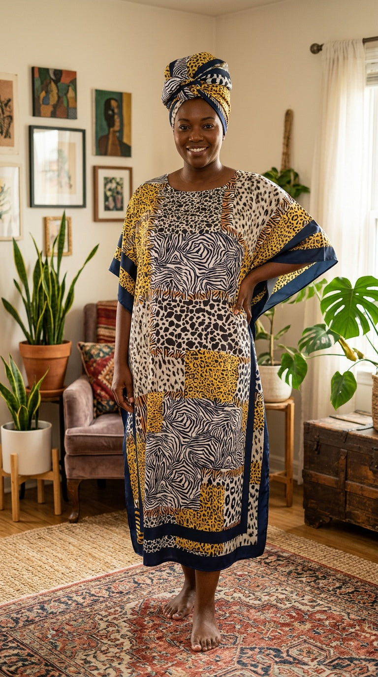 Mustard Yellow Animal Print Polyester Women Plus Size Kaftan with Scarf