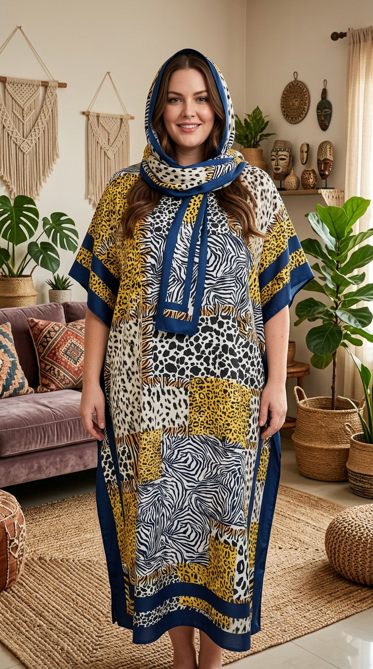 Mustard Yellow Animal Print Polyester Women Plus Size Kaftan with Scarf