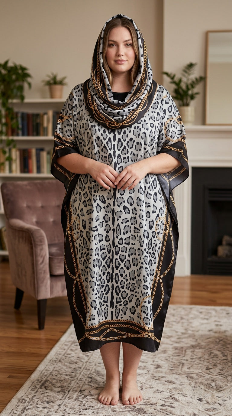 Grey Leopard Print Polyester Women Plus Size Kaftan with Scarf