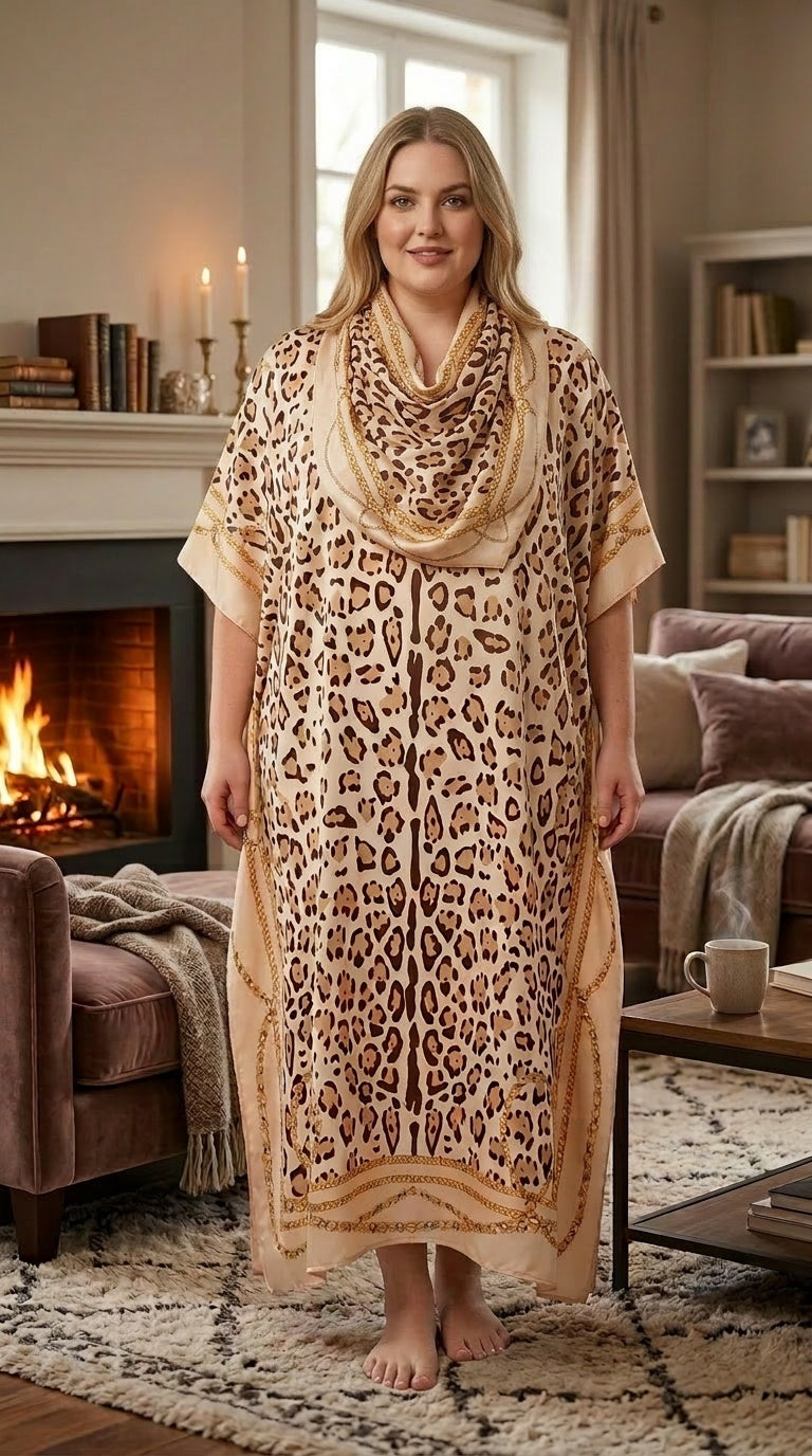 Beige Leopard Print Polyester Women Plus Size Kaftan with Scarf