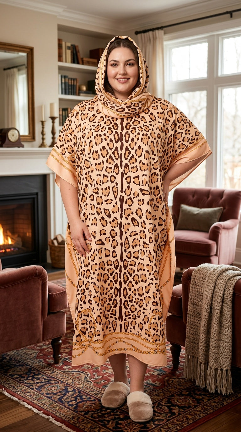 Beige Leopard Print Polyester Women Plus Size Kaftan with Scarf