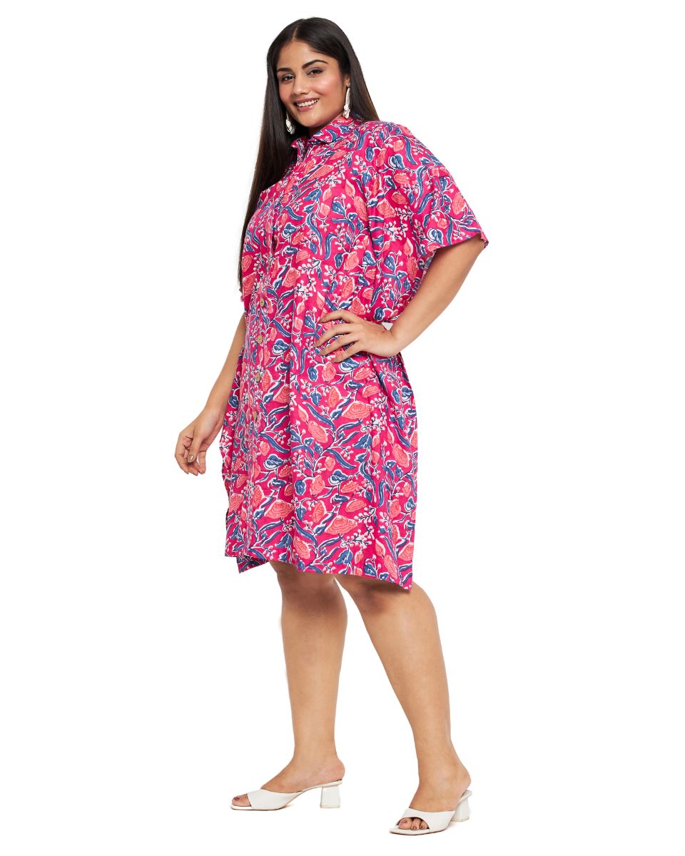 Floral Printed Rani Pink Cotton Front Open Button Tunic Top for Women