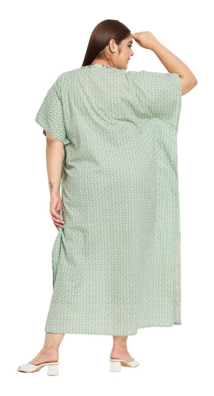 Moss Green Geometric Print Cotton Kaftan for Women Plus Size Beach Wear - SKU KFT-1122-MGRN - Gypsie Blu