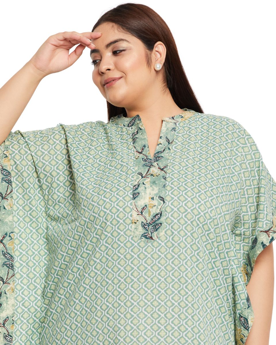 Abstract Print Moss Green Floral Border Kaftan For Plus Size Women