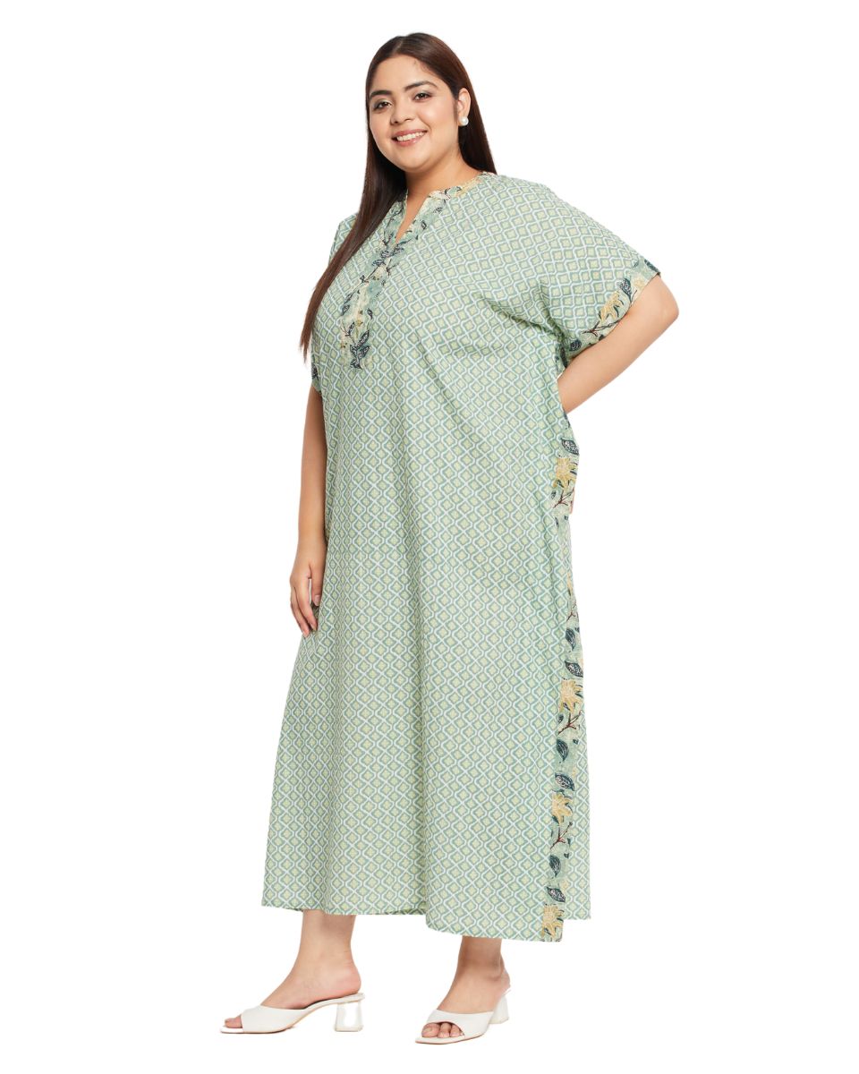 Abstract Print Moss Green Floral Border Kaftan For Plus Size Women