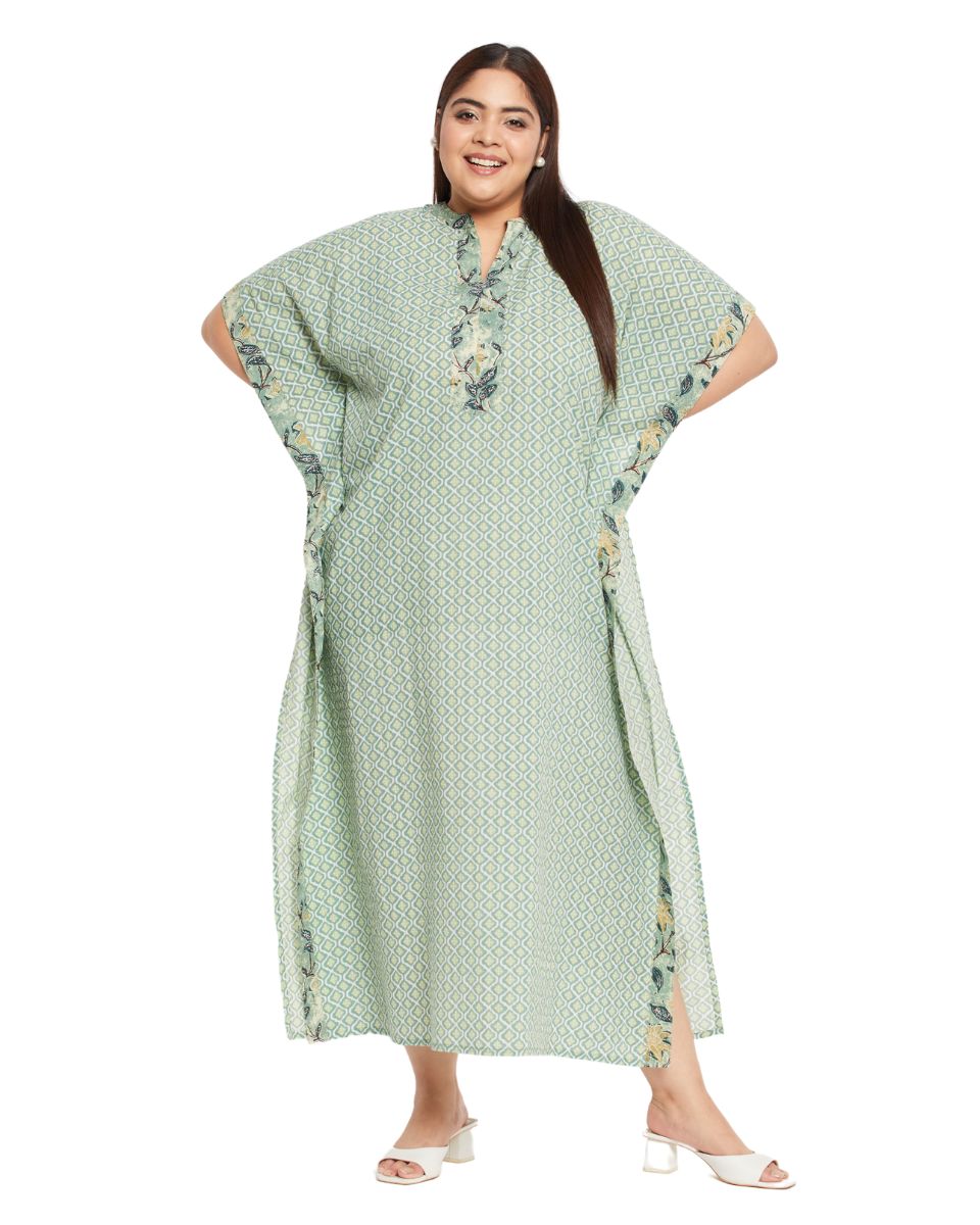 Abstract Print Moss Green Floral Border Kaftan For Plus Size Women