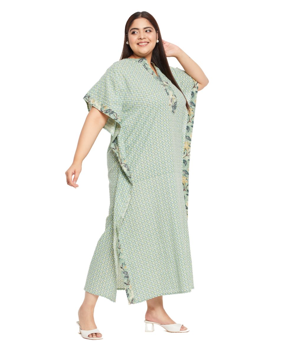 Abstract Print Moss Green Floral Border Kaftan For Plus Size Women