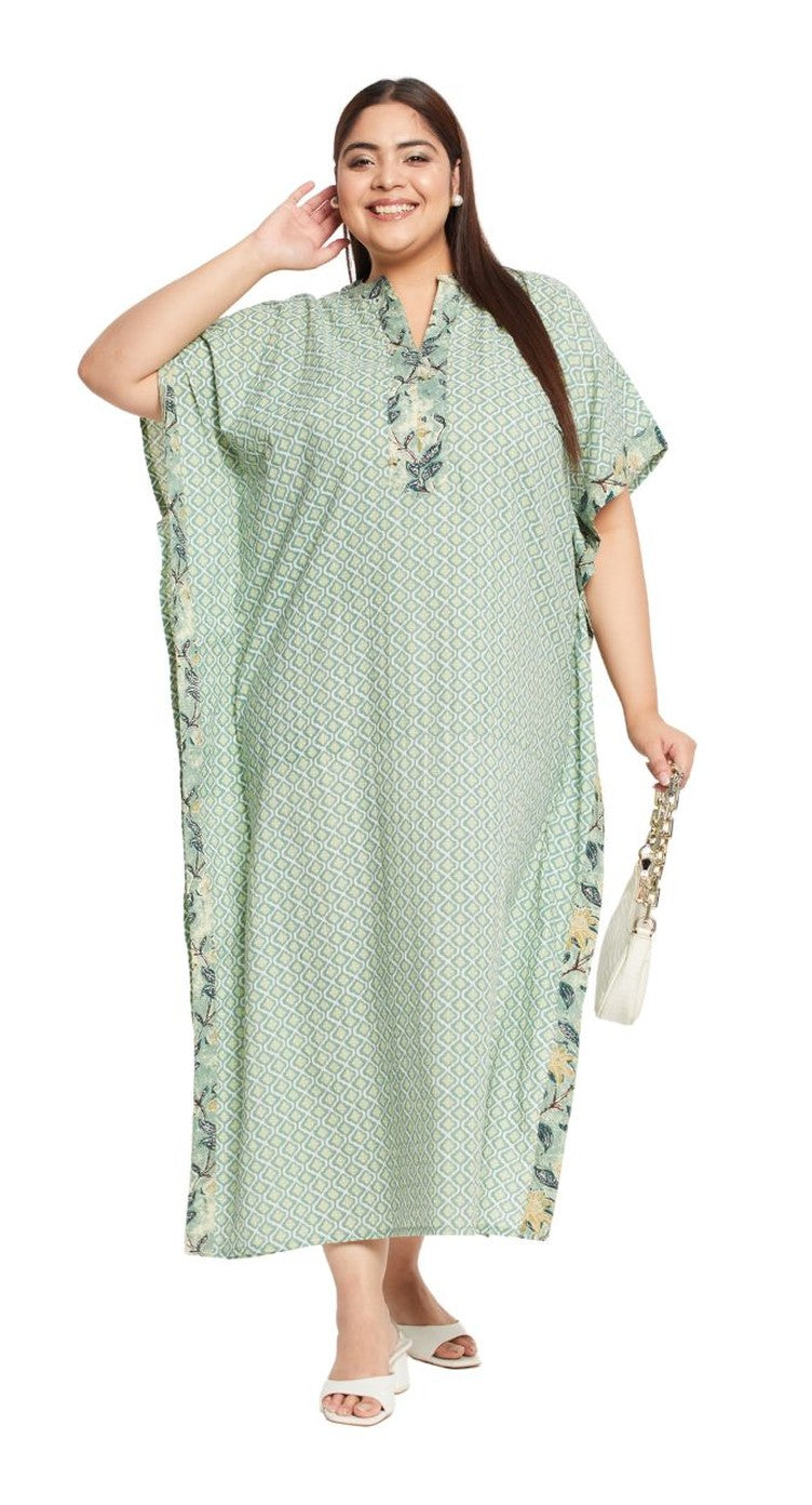Moss Green Geometric Print Cotton Kaftan for Women Plus Size Beach Wear - SKU KFT-1122-MGRN - Gypsie Blu
