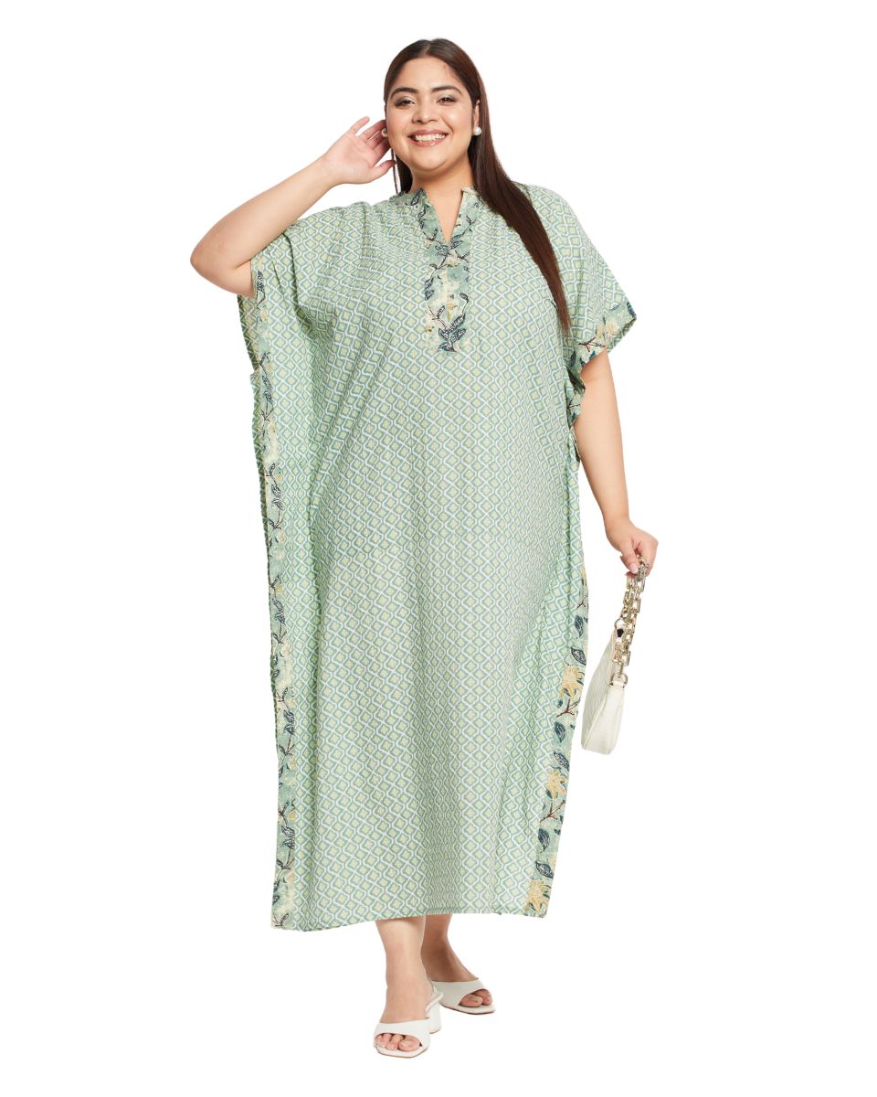 Abstract Print Moss Green Floral Border Kaftan For Plus Size Women