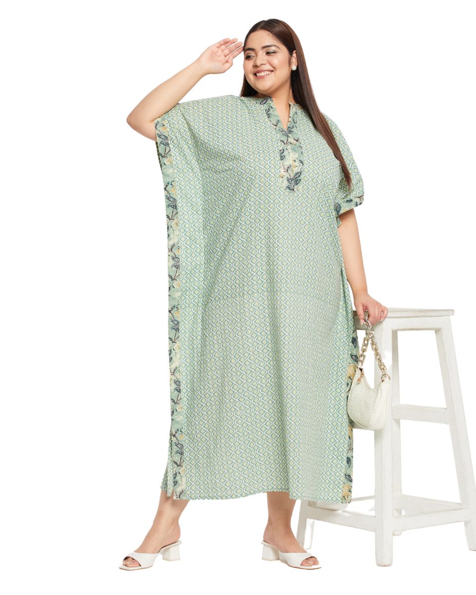 Abstract Print Moss Green Floral Border Kaftan For Plus Size Women