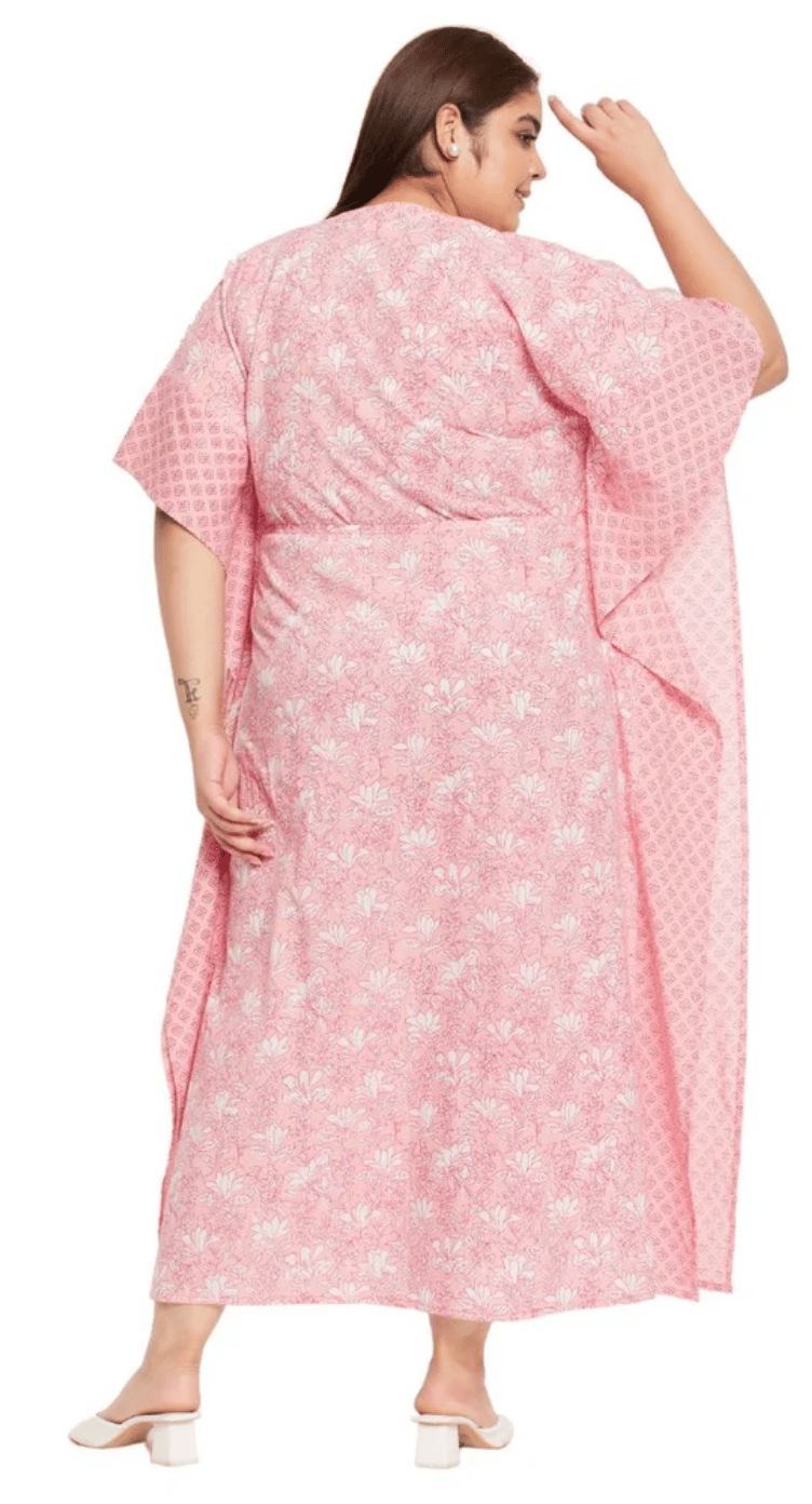 GypsieBlu Pink Floral Plus Size Cotton Kaftan Dress for Women 3/4 Sleeve 1X-3X