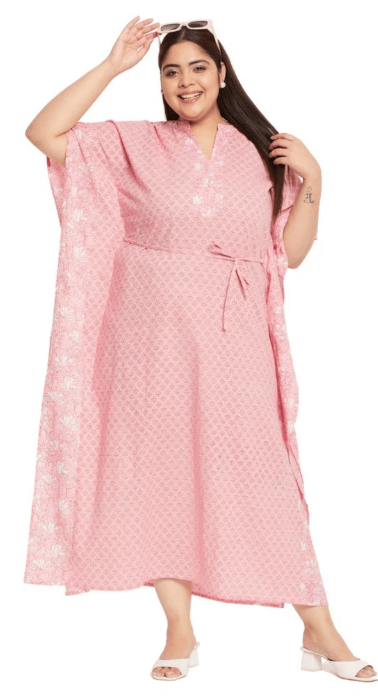 GypsieBlu Pink Floral Plus Size Cotton Kaftan Dress for Women 3/4 Sleeve 1X-3X