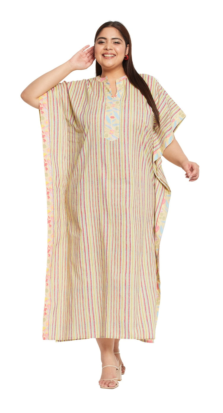 Yellow striped cotton plus size kaftan dress with V-neck and 3/4 sleeves