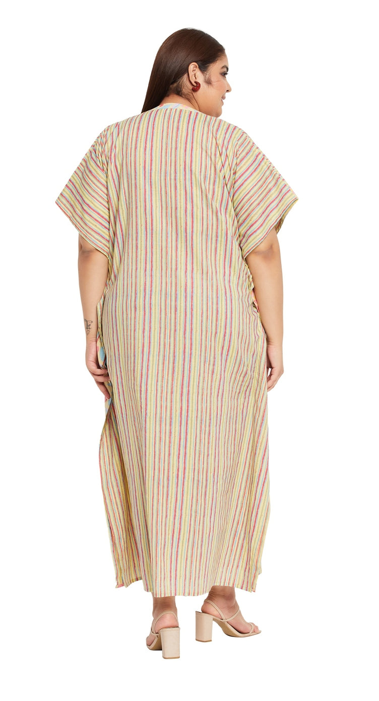 Yellow striped cotton plus size kaftan dress with V-neck and 3/4 sleeves — alternate view