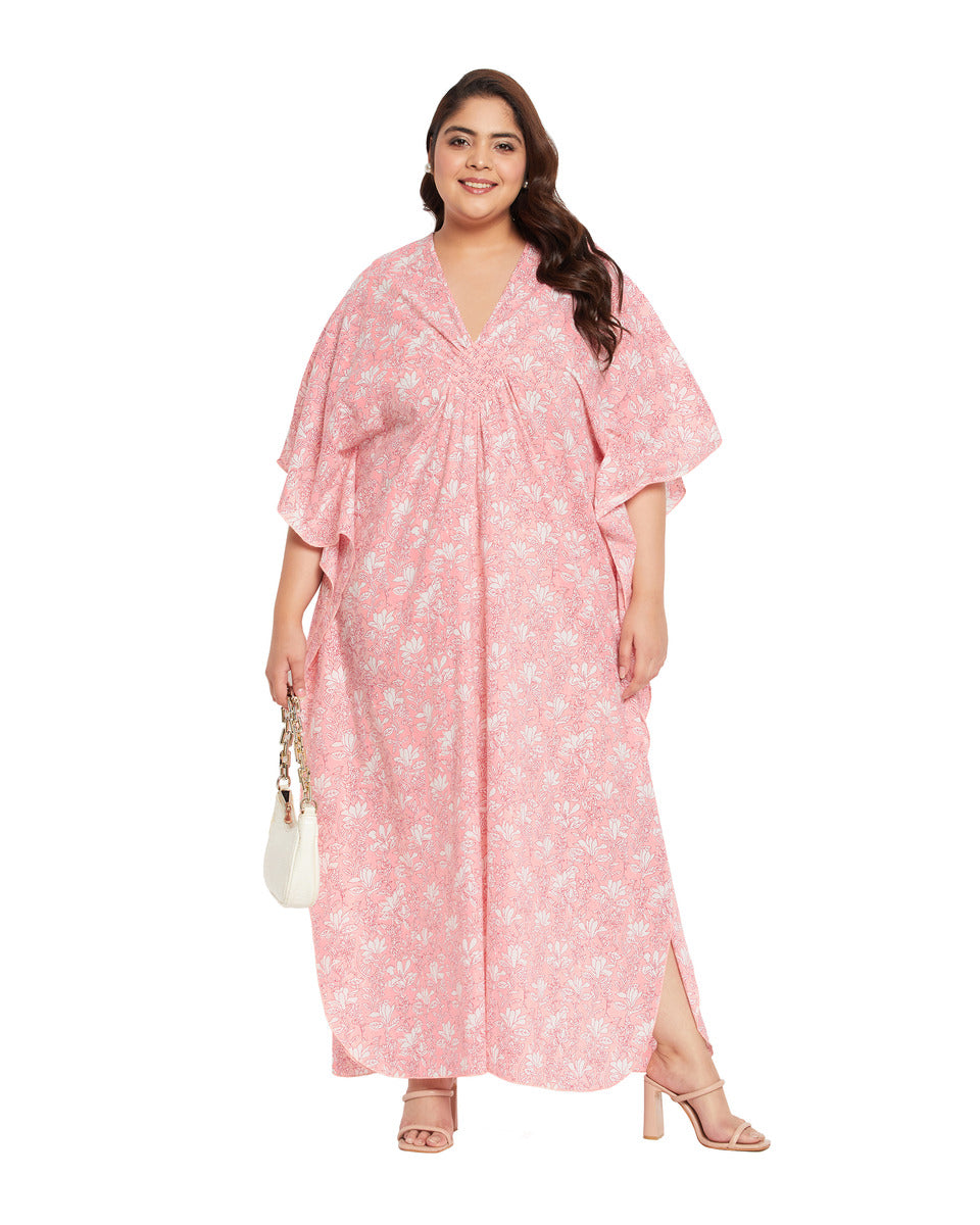 Floral Printed Pink Cotton Matted Neckline Plus Size Kaftan For Women