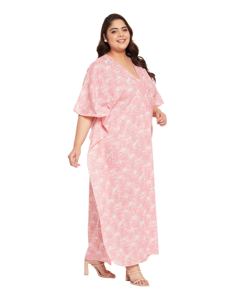 Floral Printed Pink Cotton Matted Neckline Plus Size Kaftan For Women