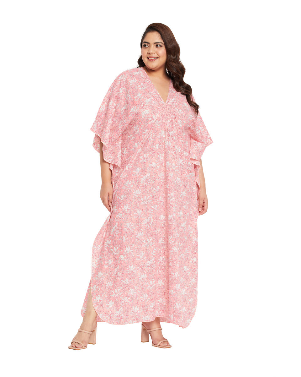 Floral Pink Cotton Plus Size Caftan Dress For Women