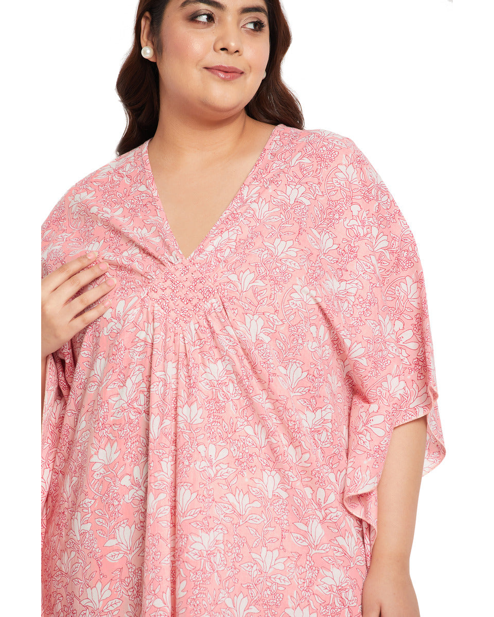 Floral Pink Cotton Plus Size Caftan Dress For Women
