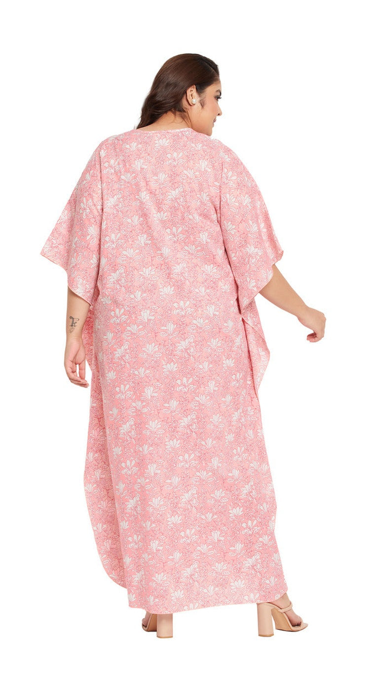 Floral Pink Cotton Plus Size Caftan Dress For Women - SKU KFT-1144-PNK - Gypsie Blu