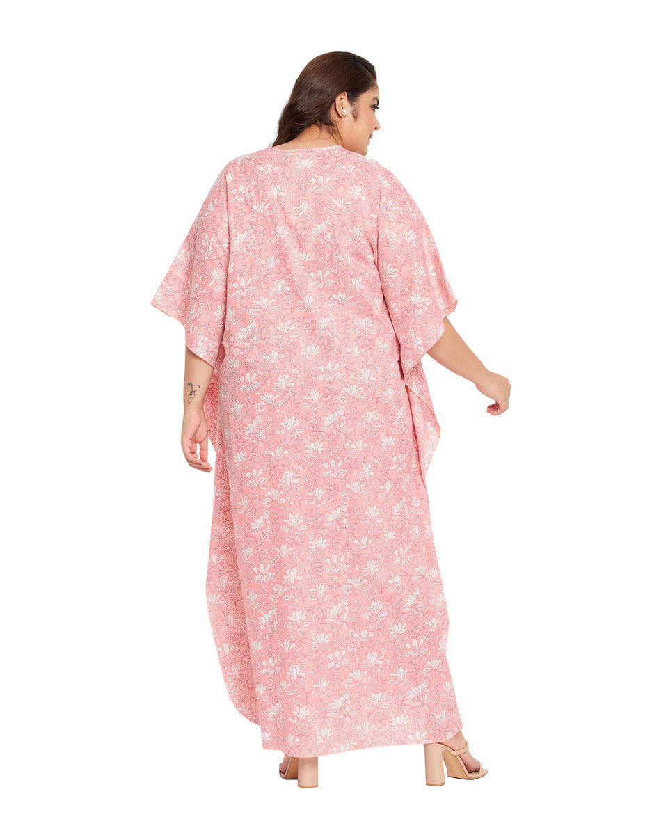 Floral Pink Cotton Plus Size Caftan Dress For Women