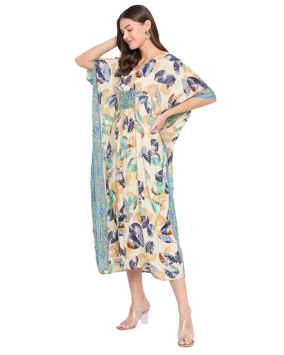 Leaf Print Multicolor Rayon Beach Wear Kaftan For Women