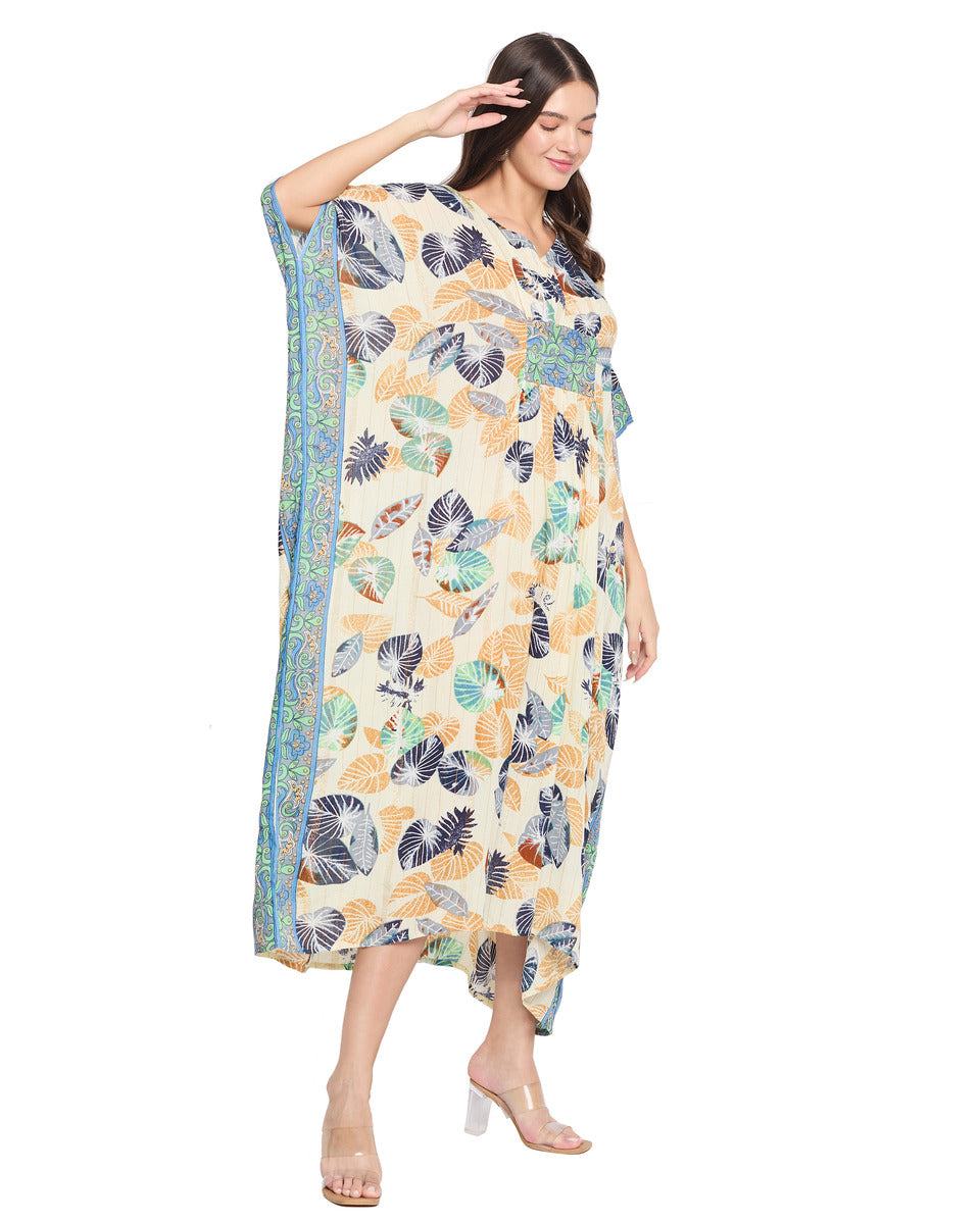 Leaf Print Multicolor Rayon Beach Wear Kaftan For Women