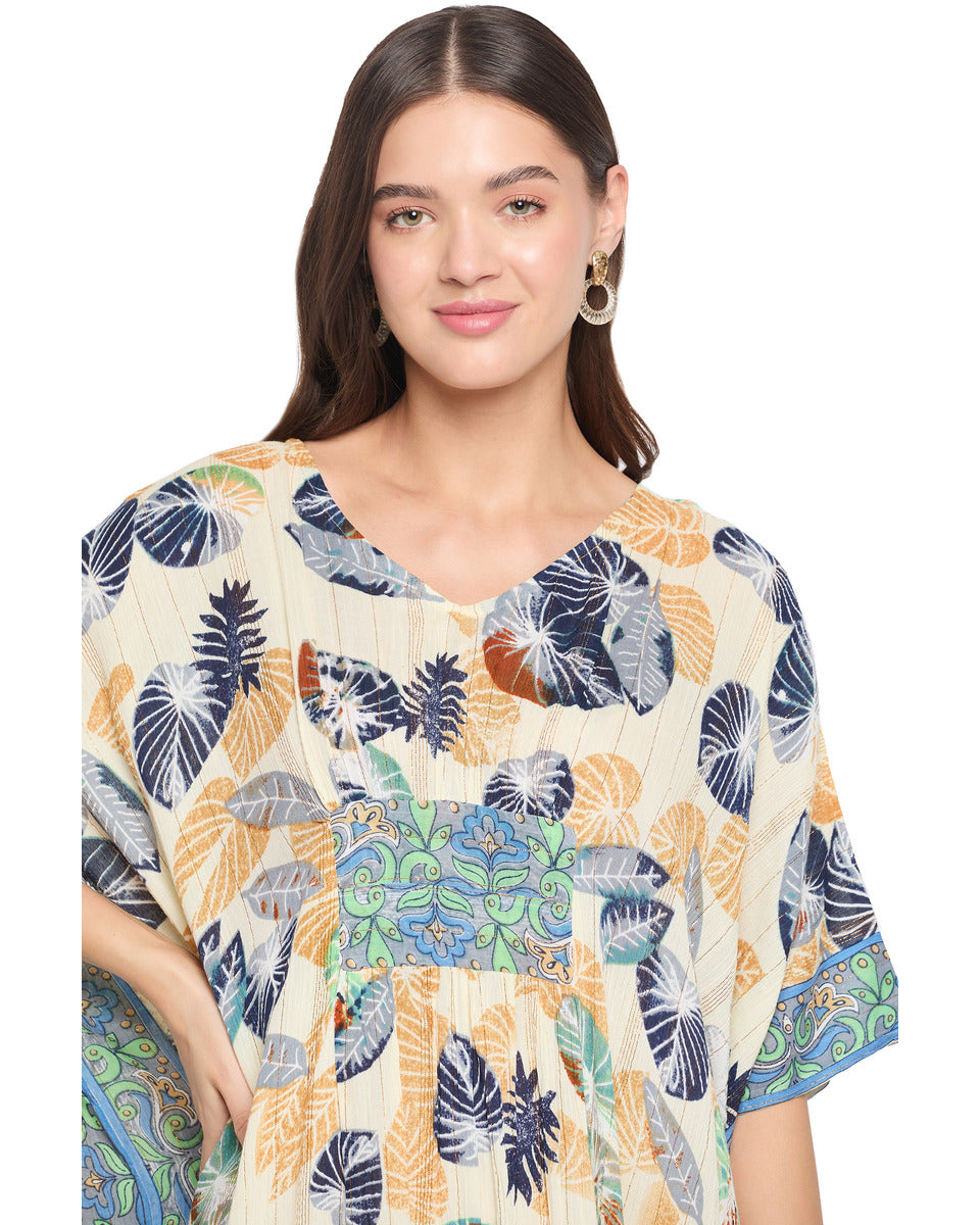 Leaf Print Multicolor Rayon Beach Wear Kaftan For Women