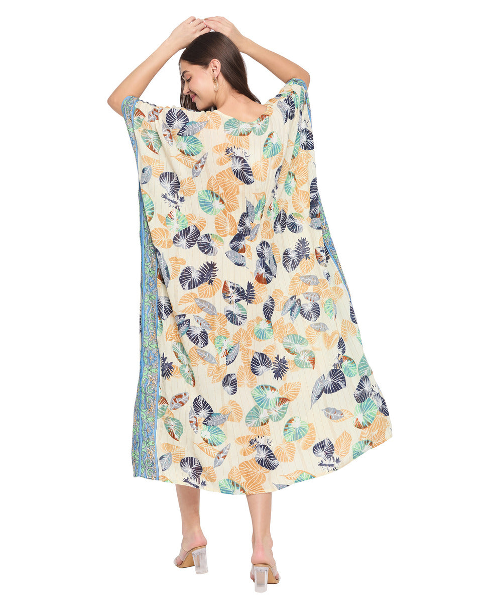 Leaf Print Multicolor Rayon Beach Wear Kaftan For Women