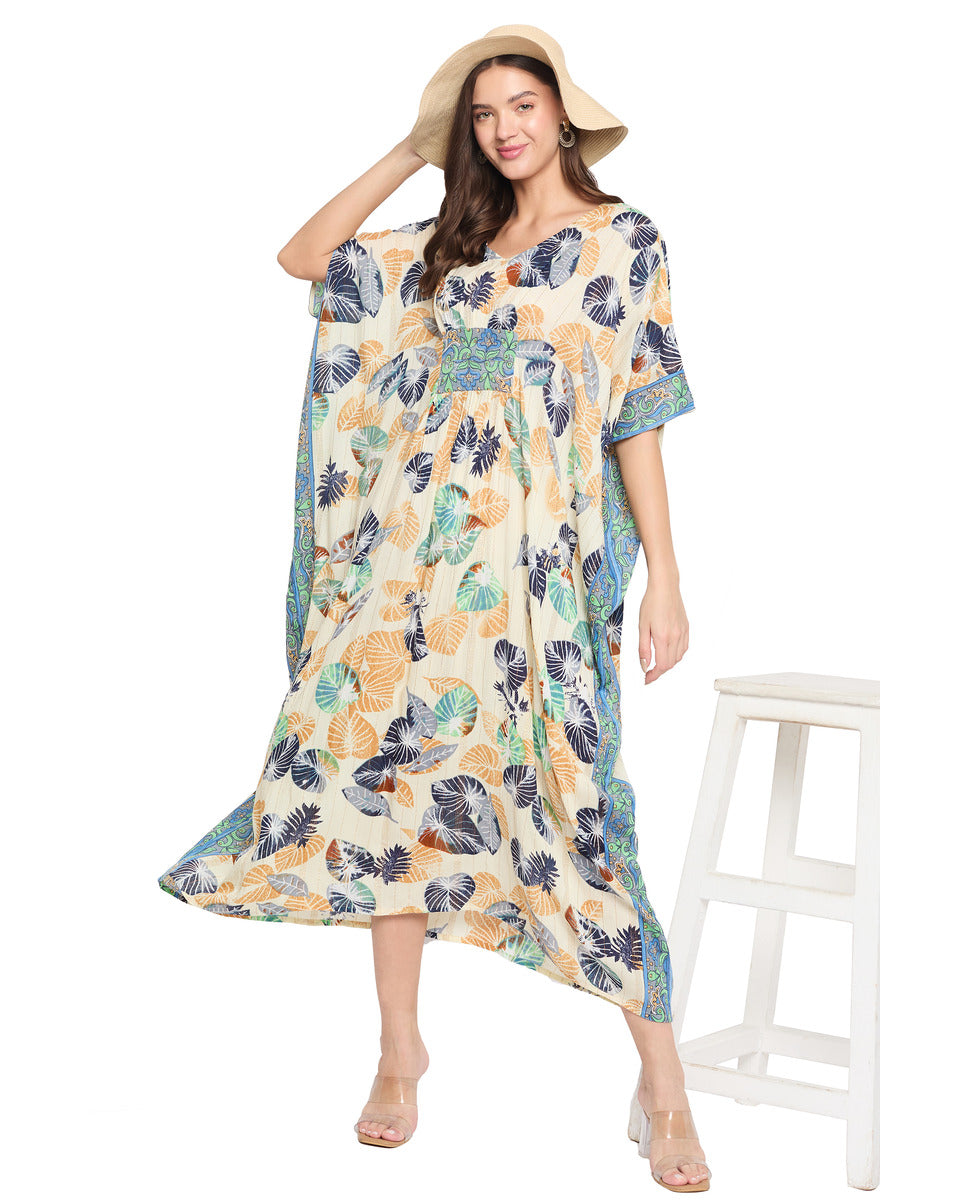Leaf Print Multicolor Rayon Beach Wear Kaftan For Women
