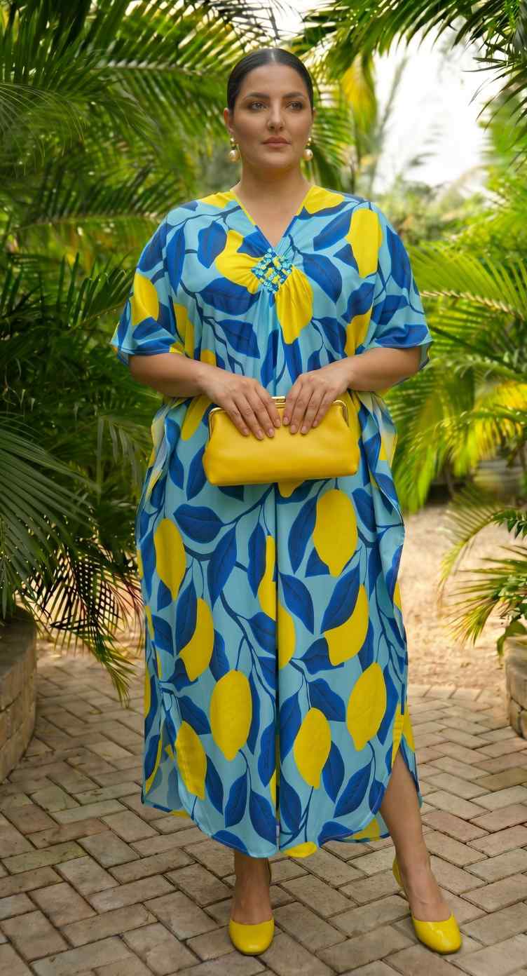Sky Blue Leaf Print Polyester Women Plus Size Kaftan Vacation Dress 1X-3X