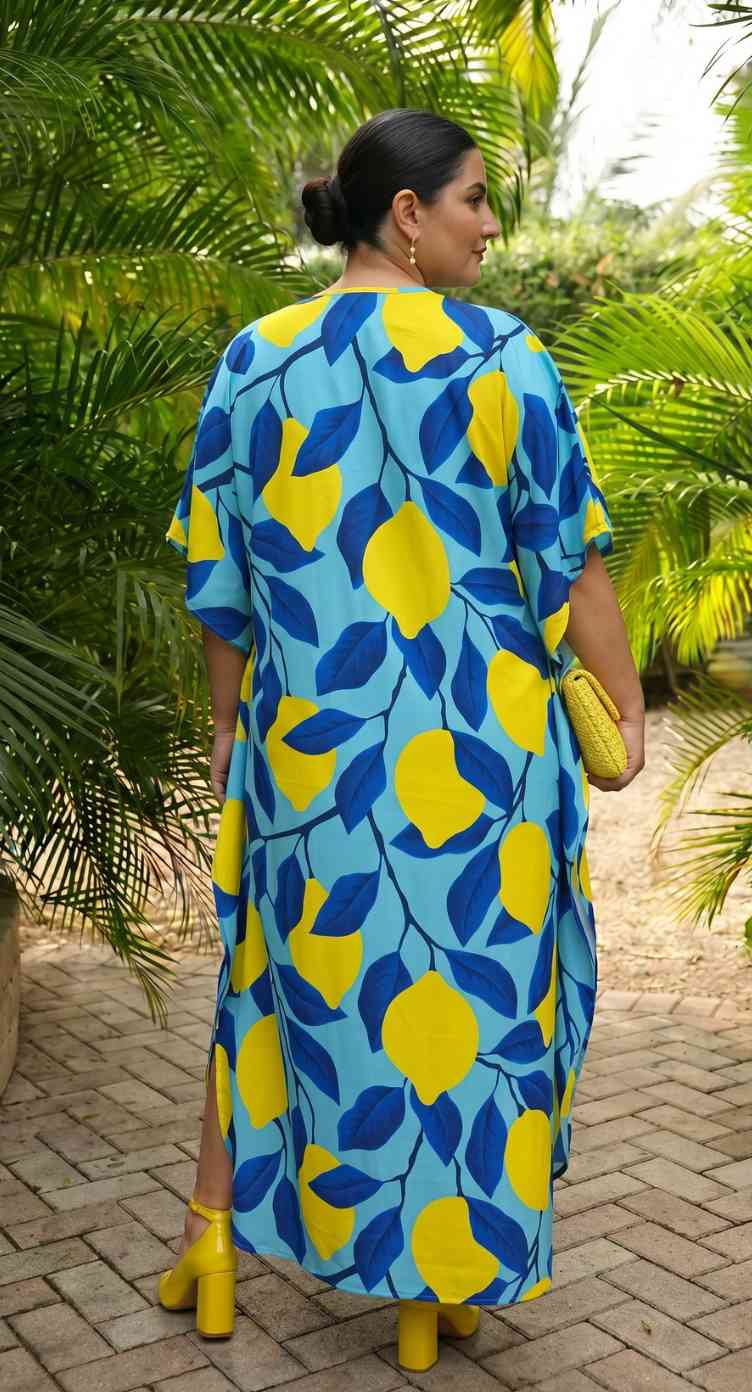 Sky Blue Leaf Print Polyester Women Plus Size Kaftan Vacation Dress 1X-3X