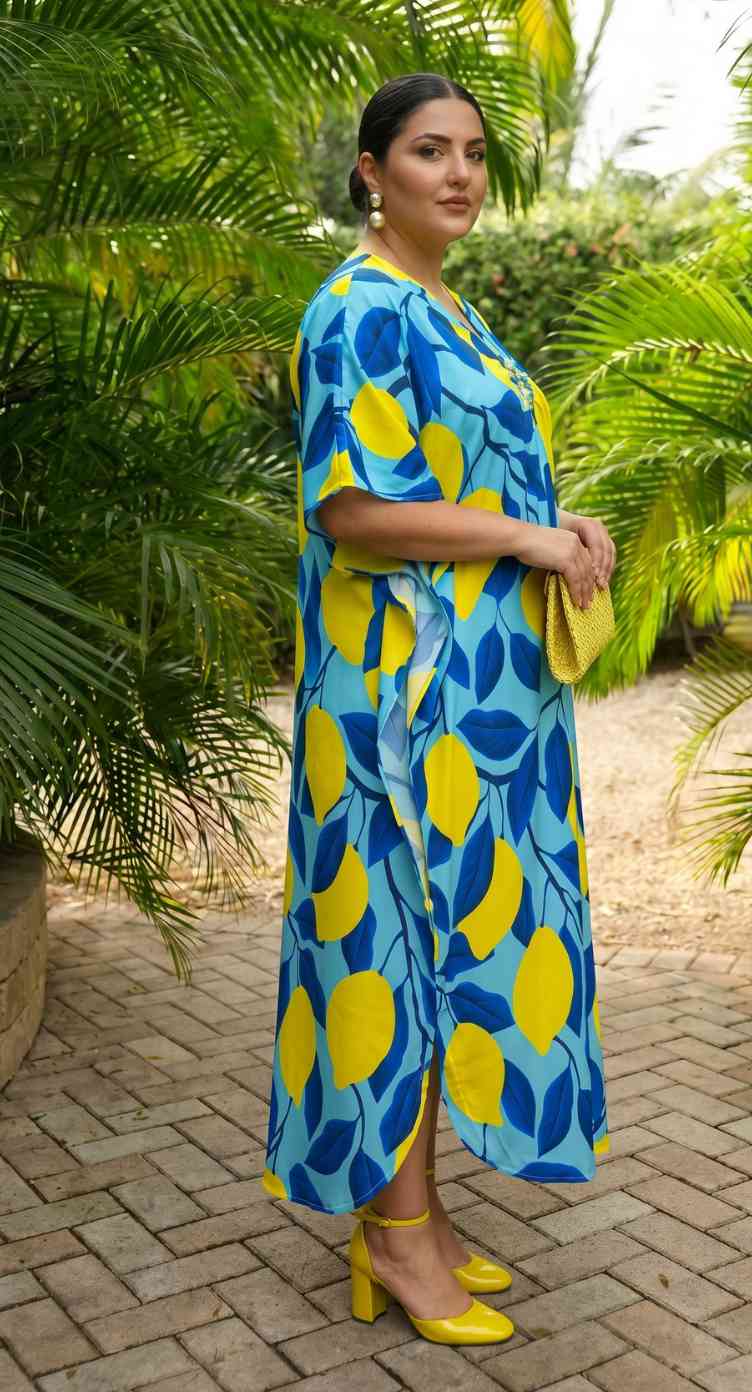 Sky Blue Leaf Print Polyester Women Plus Size Kaftan Vacation Dress 1X-3X