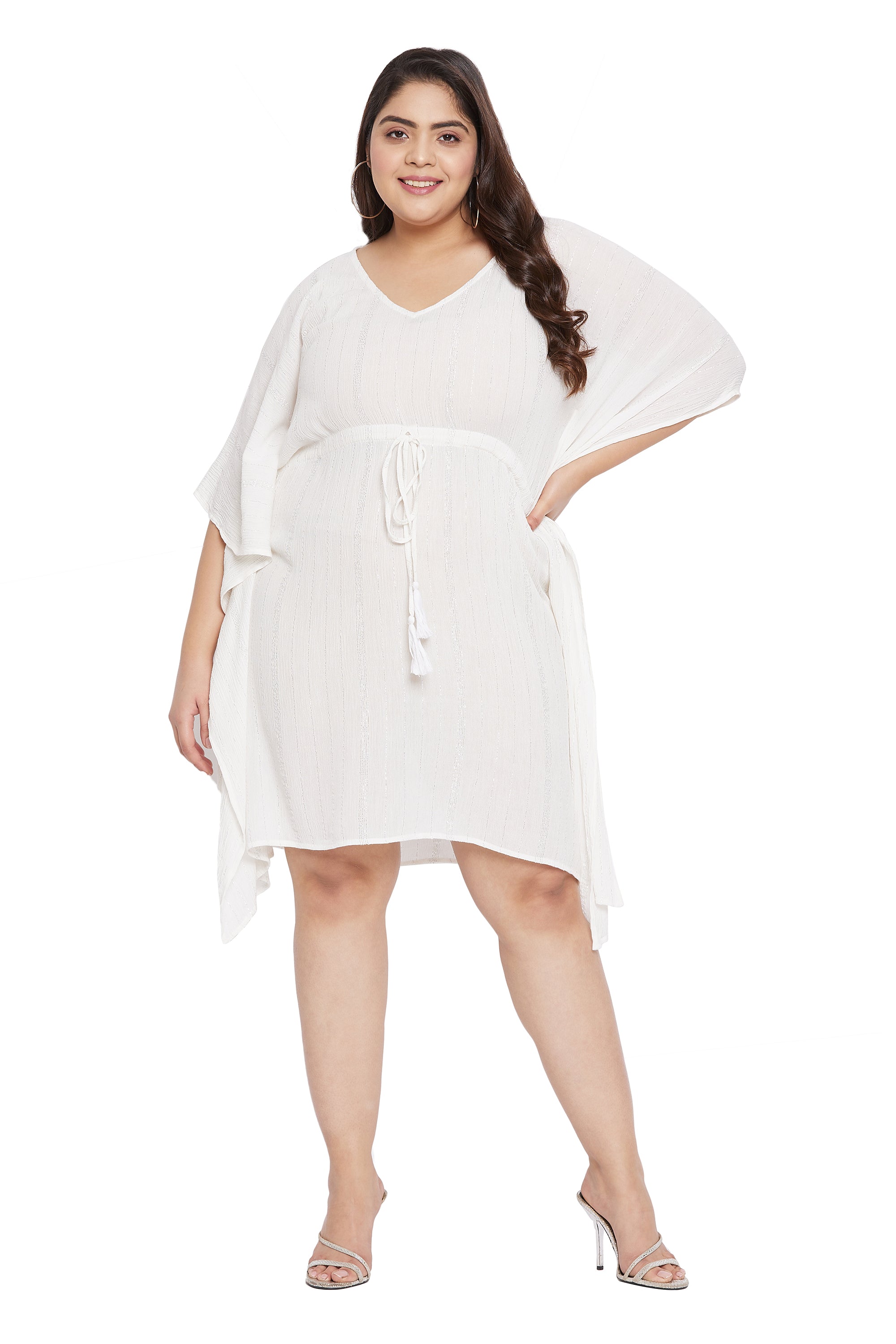 Lurex Stripes White Rayon Plus Size Tunic Beach Coverup for Women