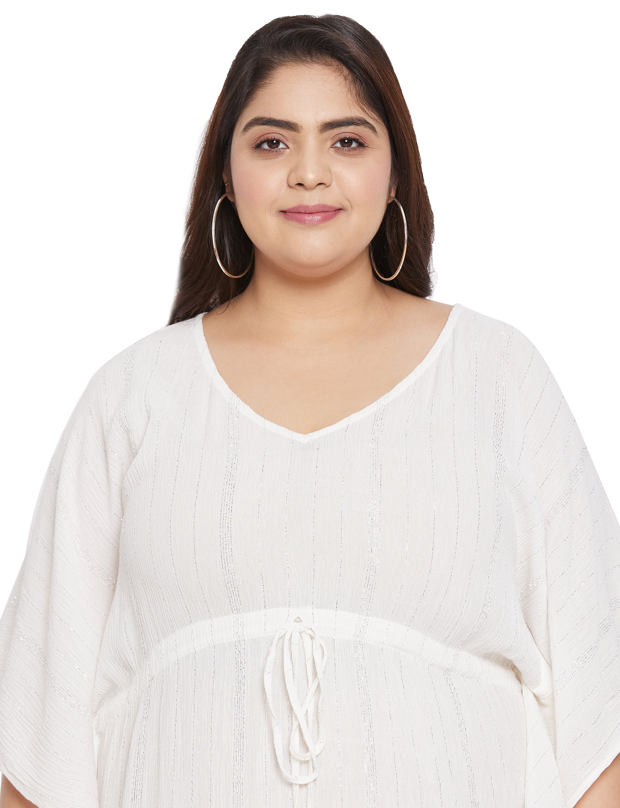 Lurex Stripes White Rayon Plus Size Tunic Beach Coverup for Women