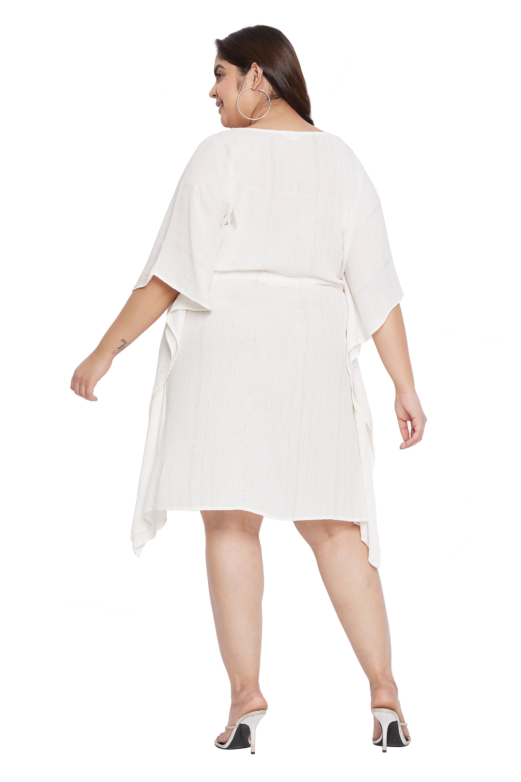 Lurex Stripes White Rayon Plus Size Tunic Beach Coverup for Women