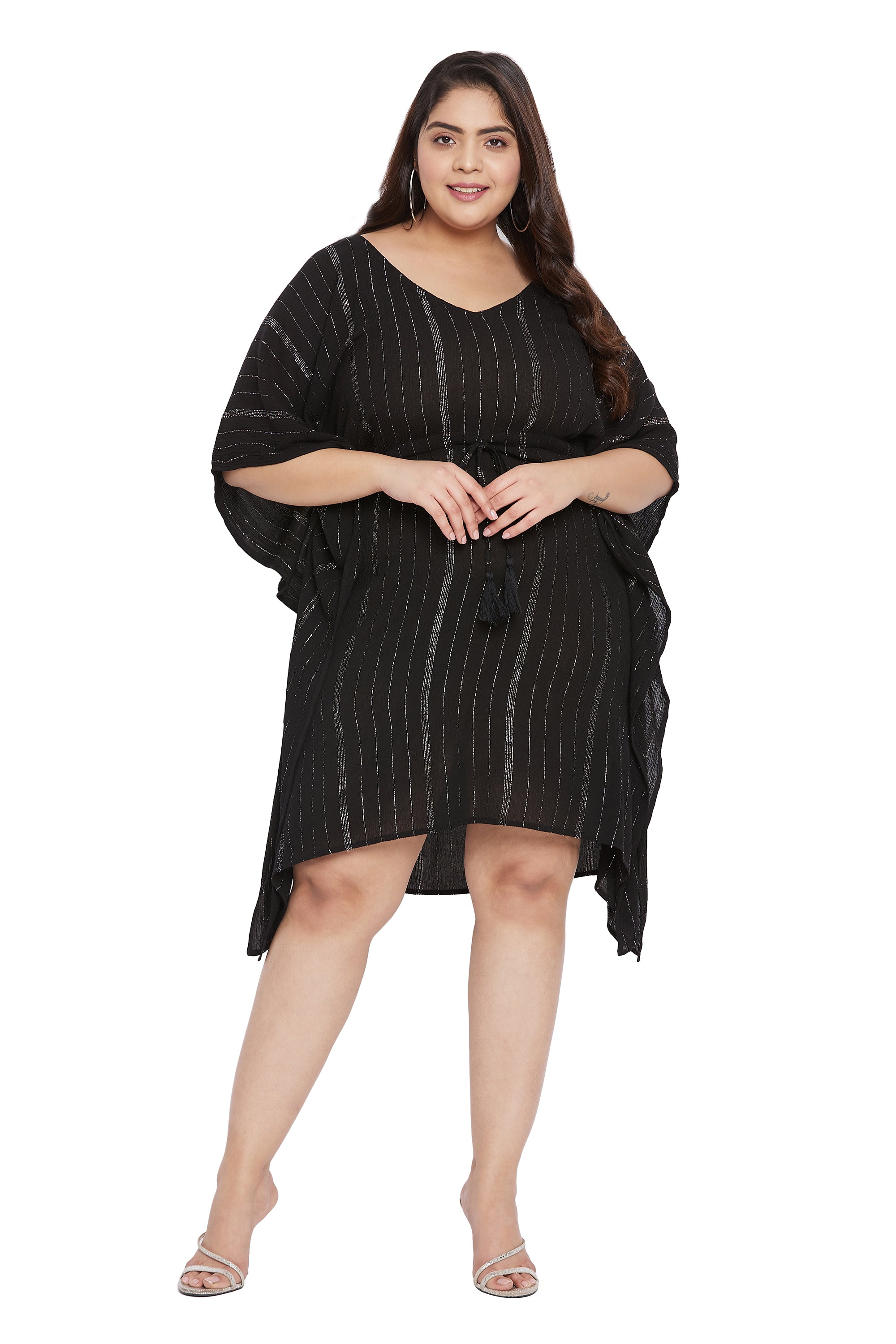 Lurex Stripe Black Short Tunic Dress for Plus Size Women