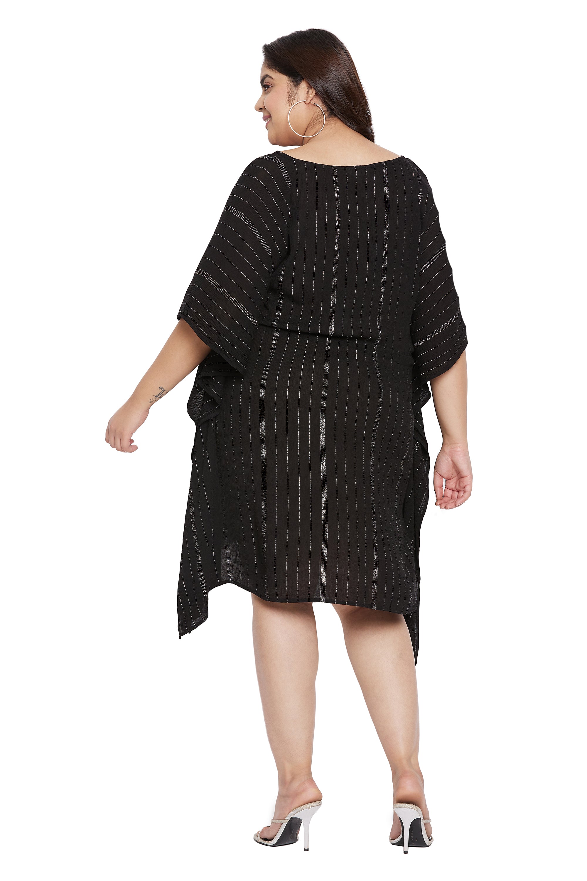 Lurex Stripe Black Short Tunic Dress for Plus Size Women