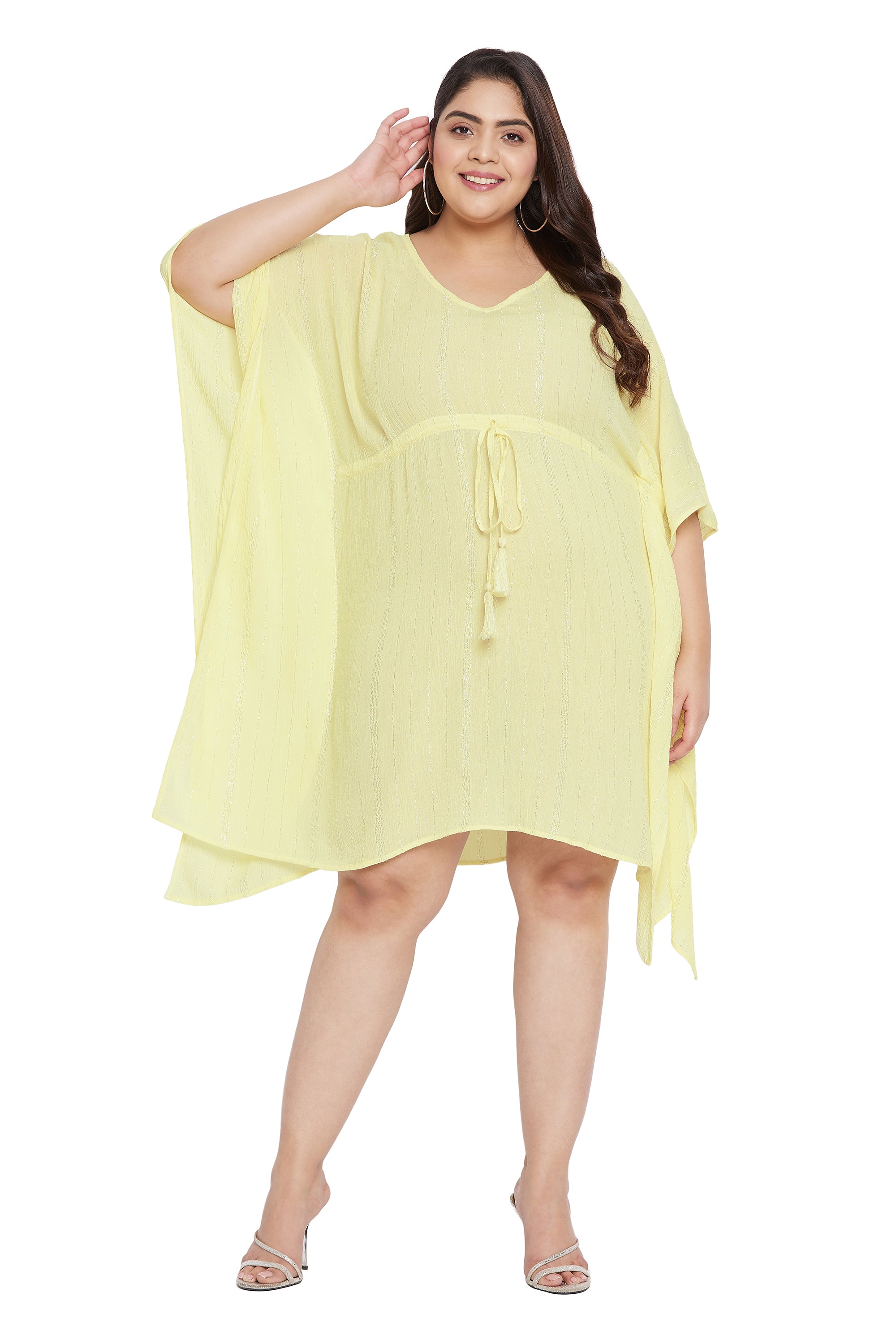 Lurex Yellow Rayon Plus Size Tunic Short Kaftan Dress