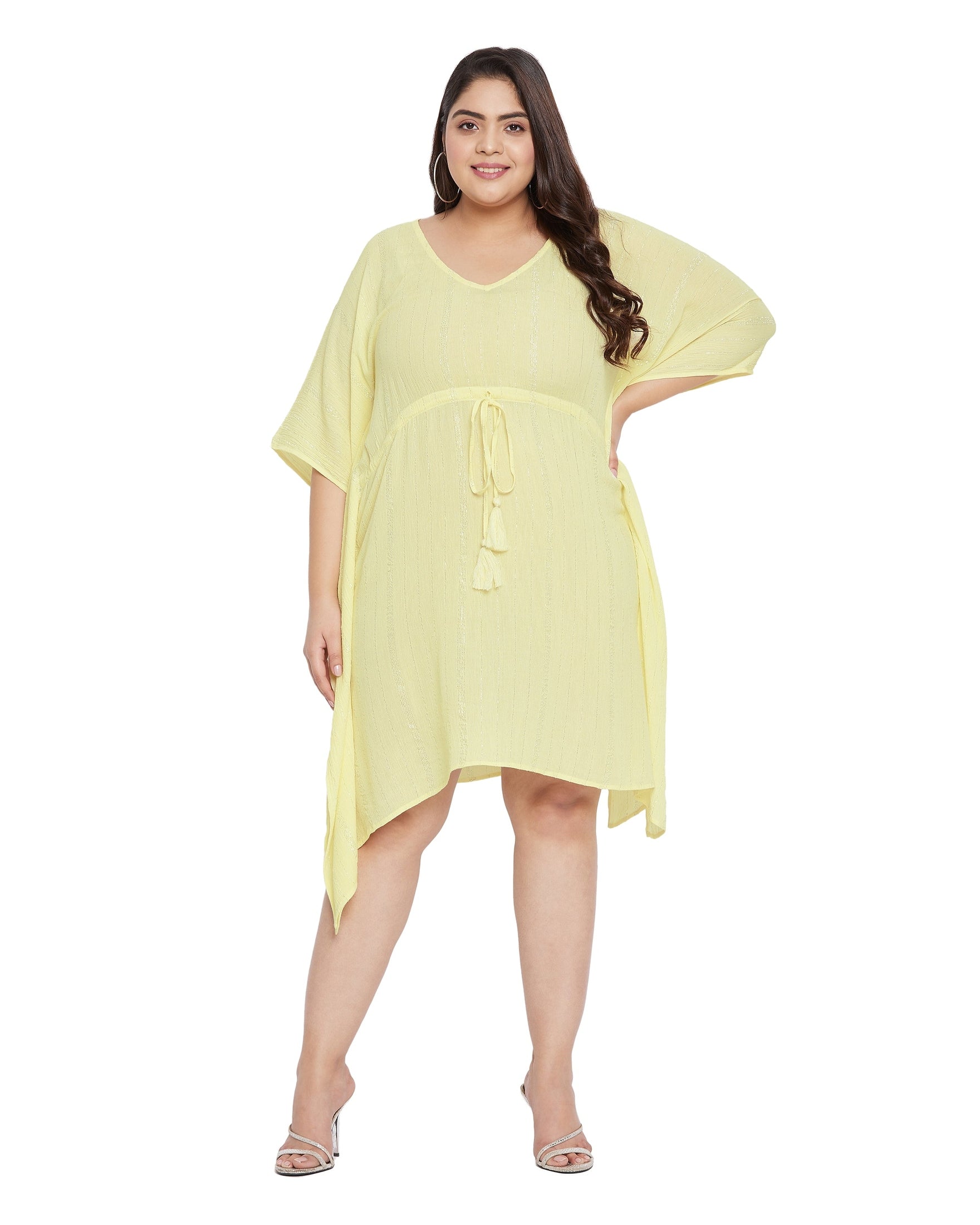 Lurex Yellow Rayon Plus Size Tunic Short Kaftan Dress