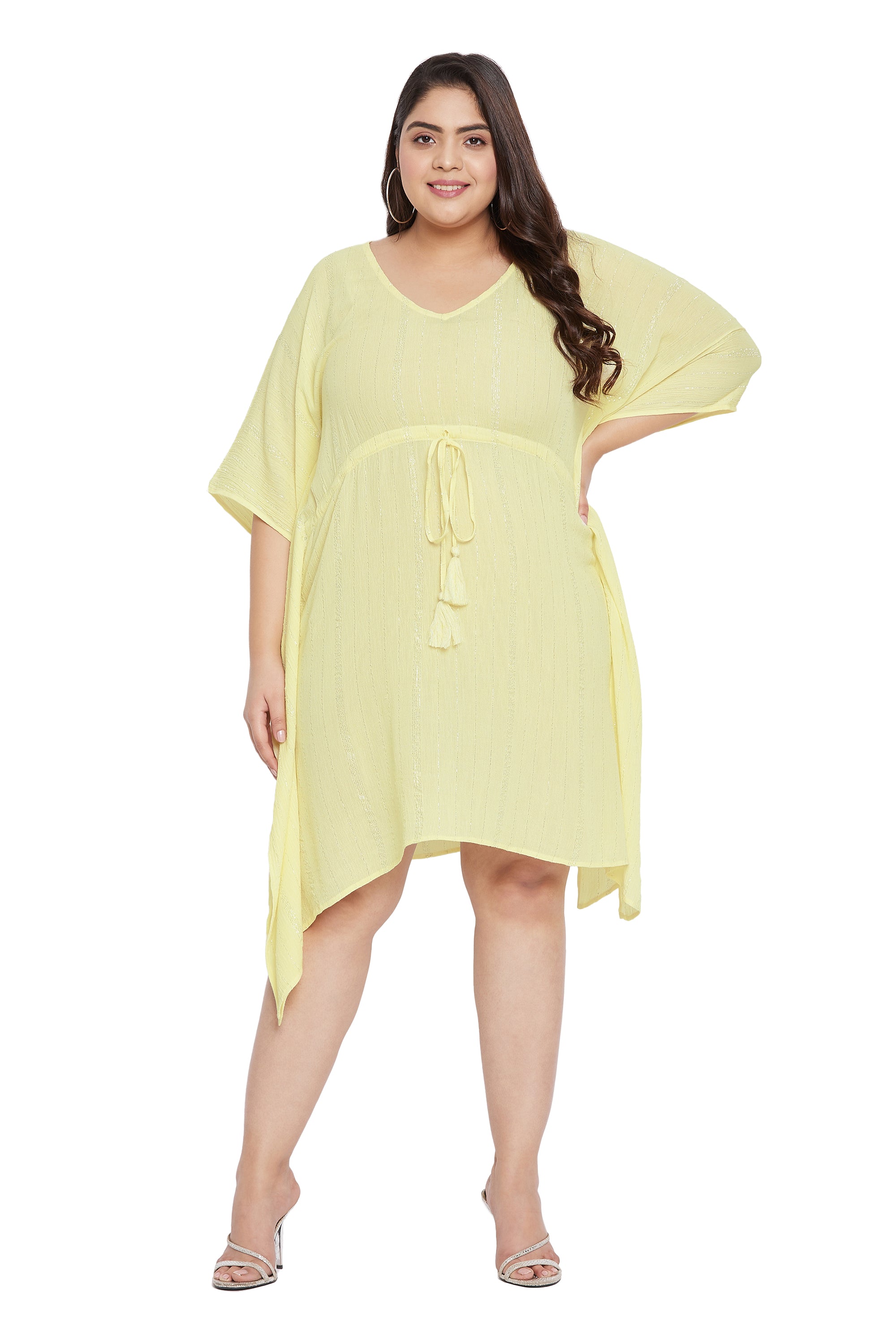 Lurex Yellow Rayon Plus Size Tunic Short Kaftan Dress