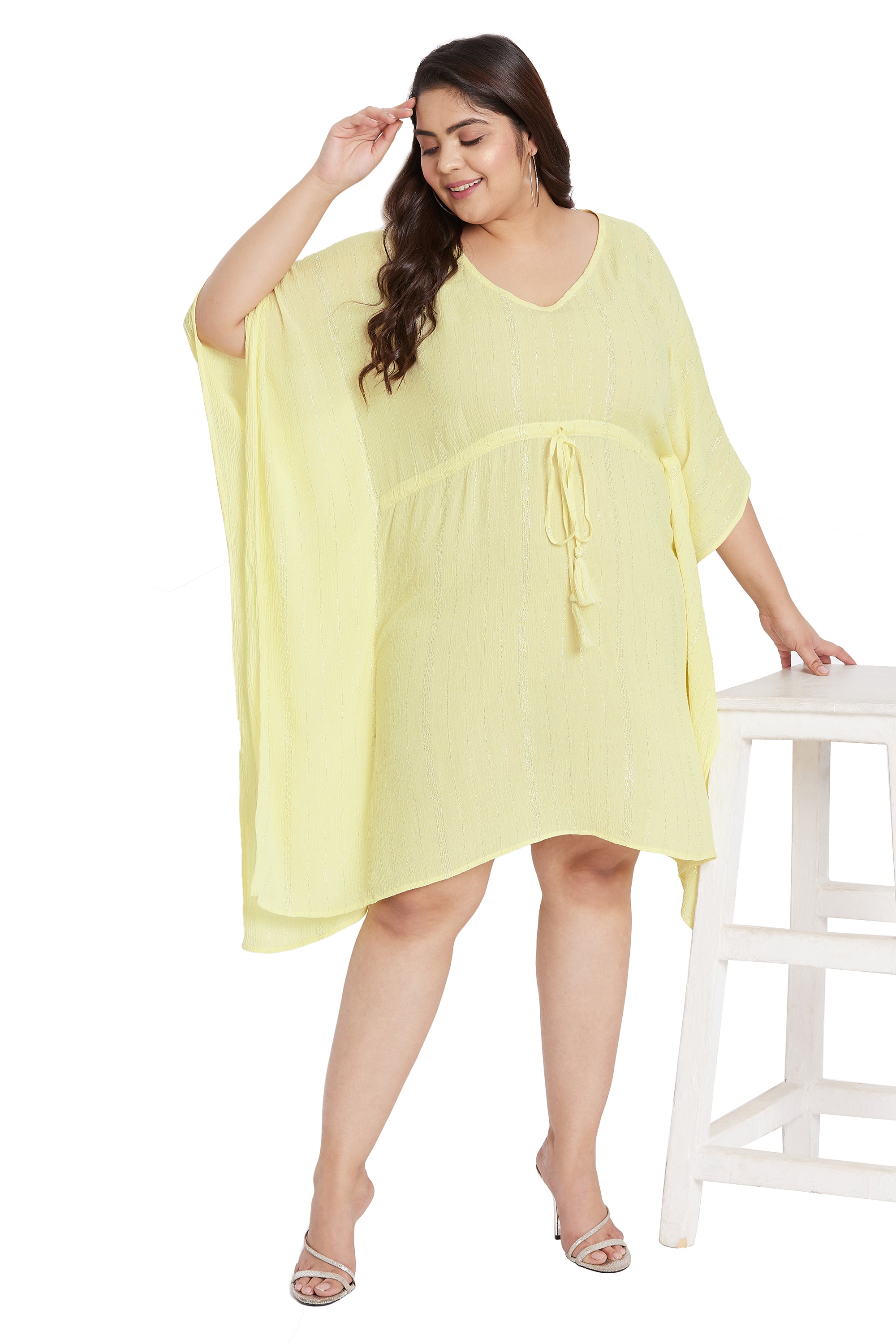 Lurex Yellow Rayon Plus Size Tunic Short Kaftan Dress