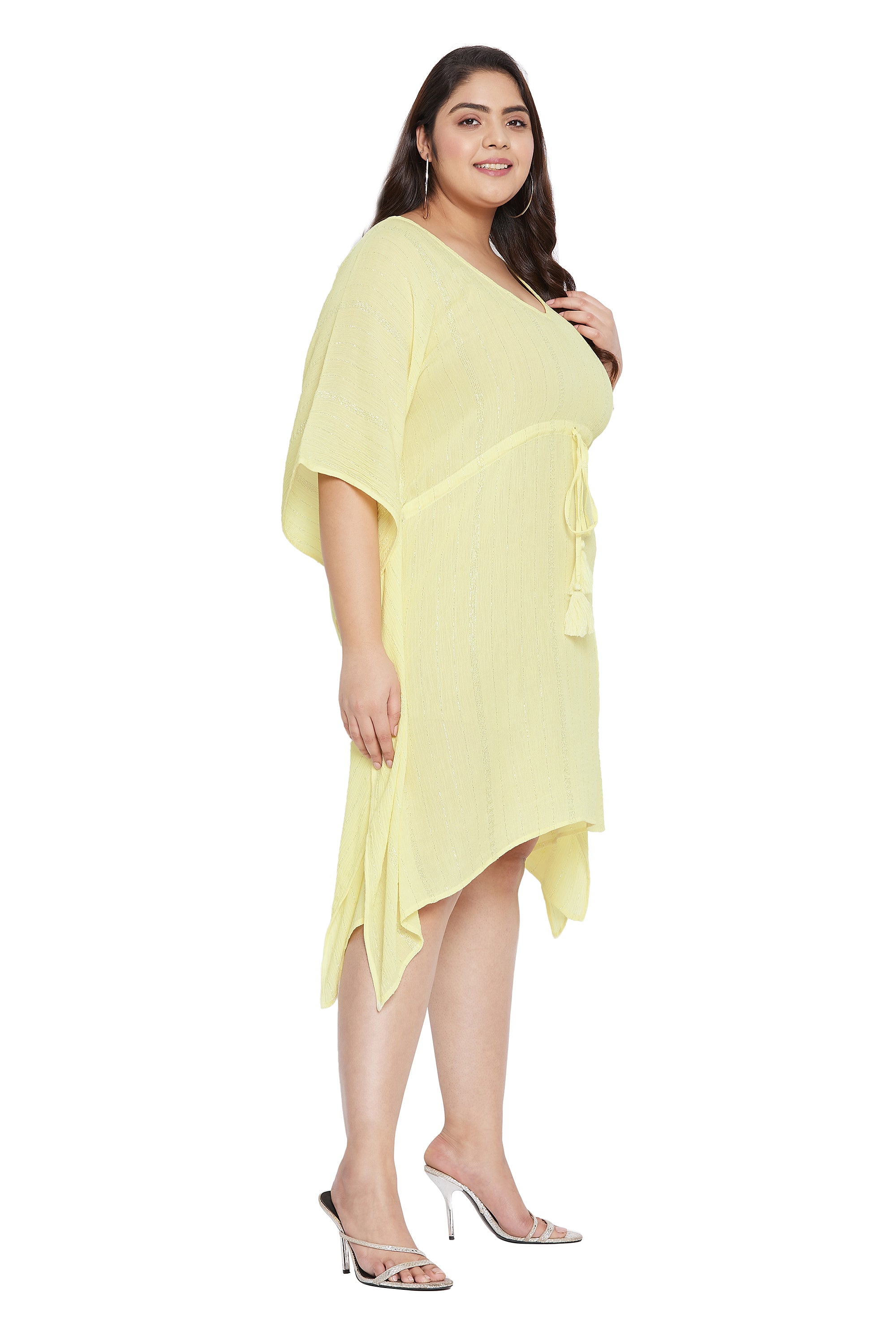 Lurex Yellow Rayon Plus Size Tunic Short Kaftan Dress