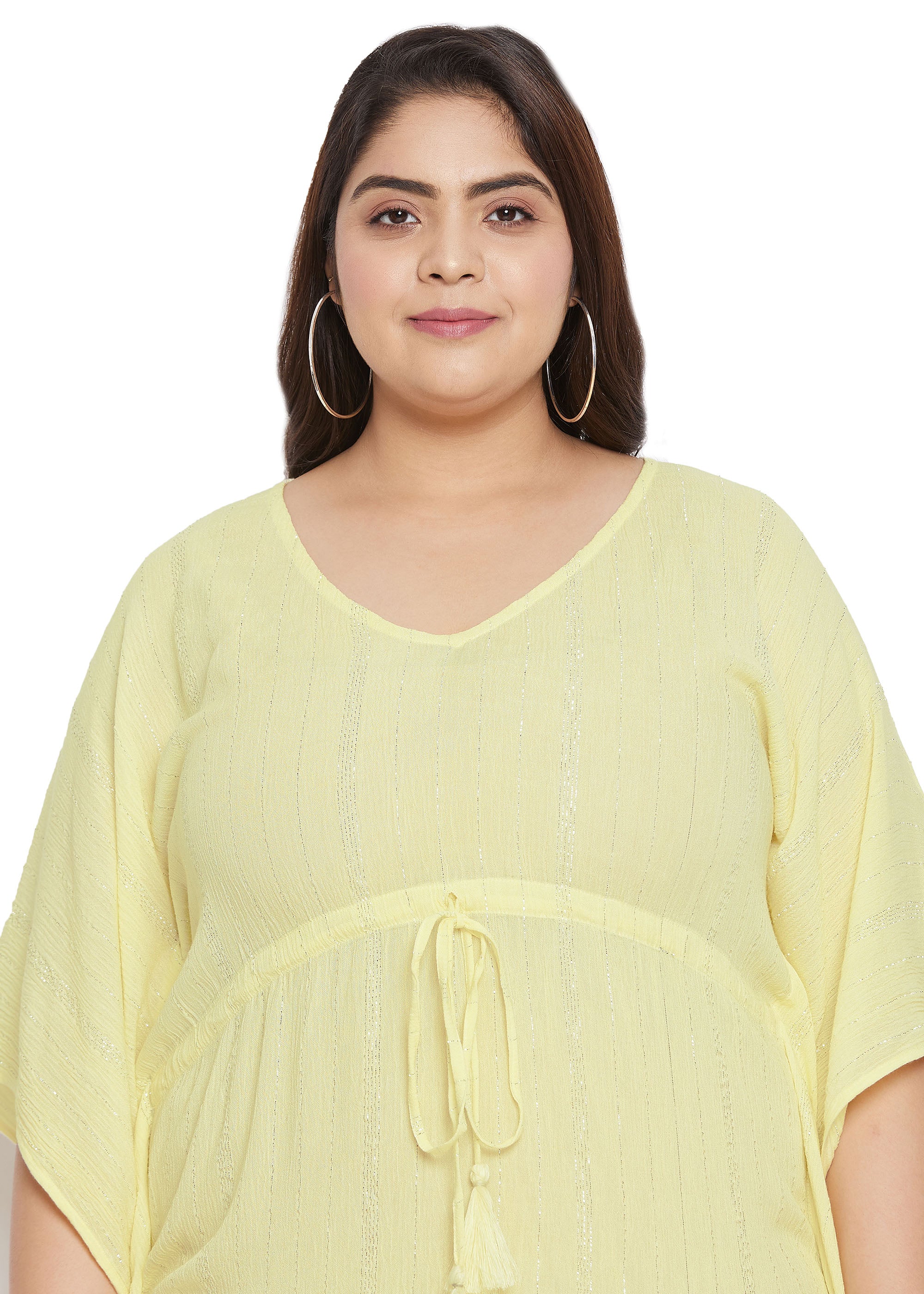 Lurex Yellow Rayon Plus Size Tunic Short Kaftan Dress