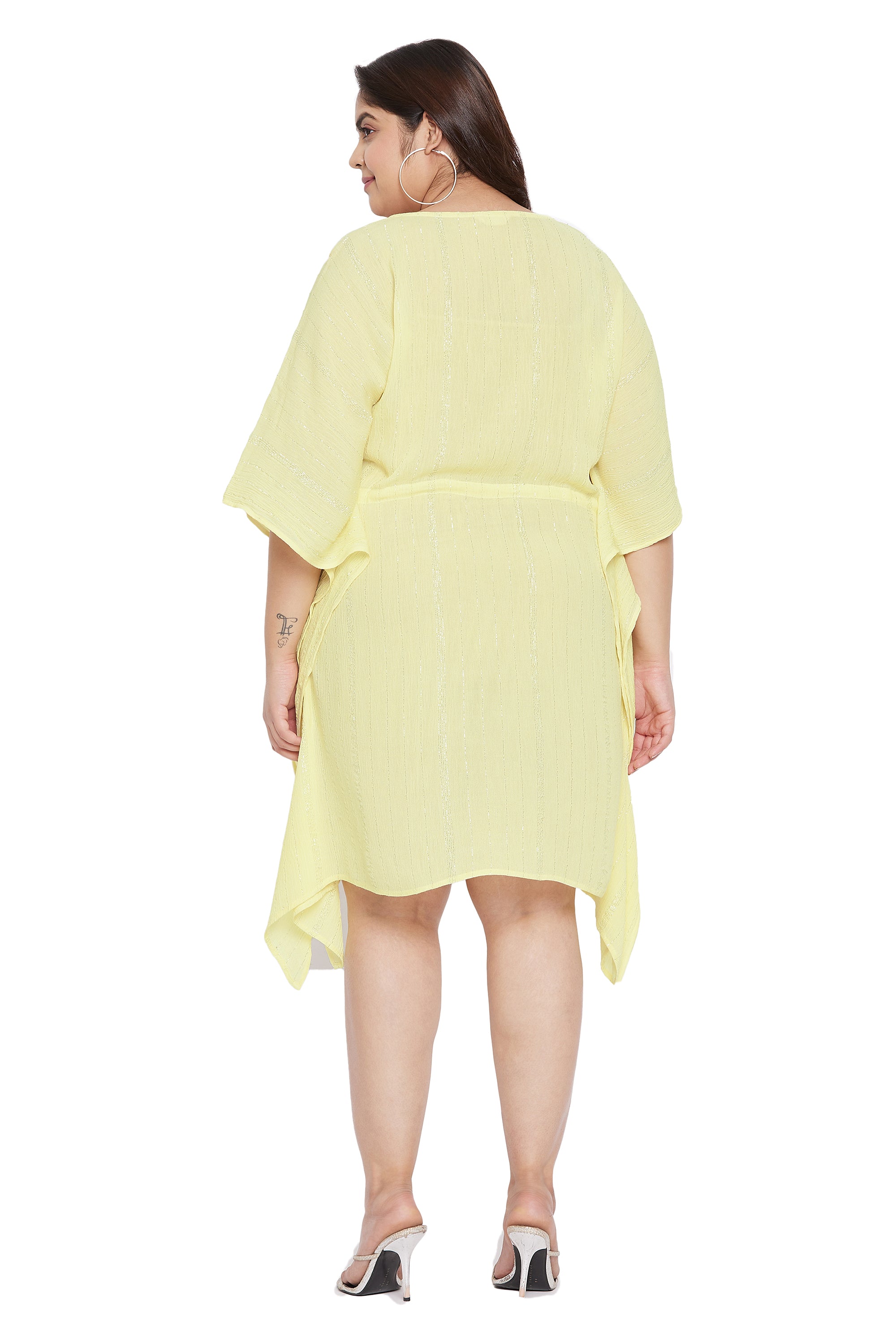 Lurex Yellow Rayon Plus Size Tunic Short Kaftan Dress