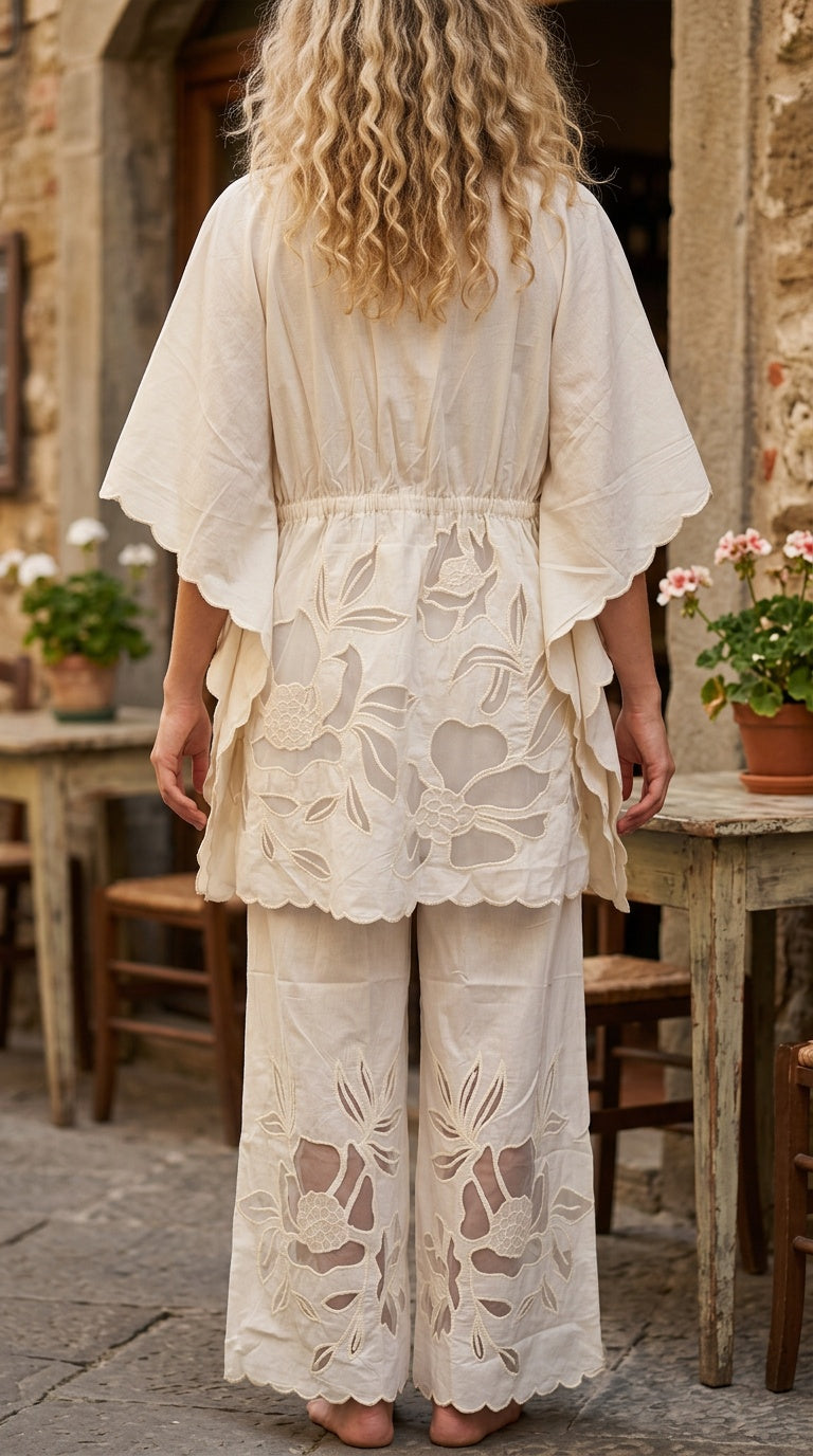 Women's Off White Cotton Cambric Boho Floral Cutwork Embroidered Summer Top