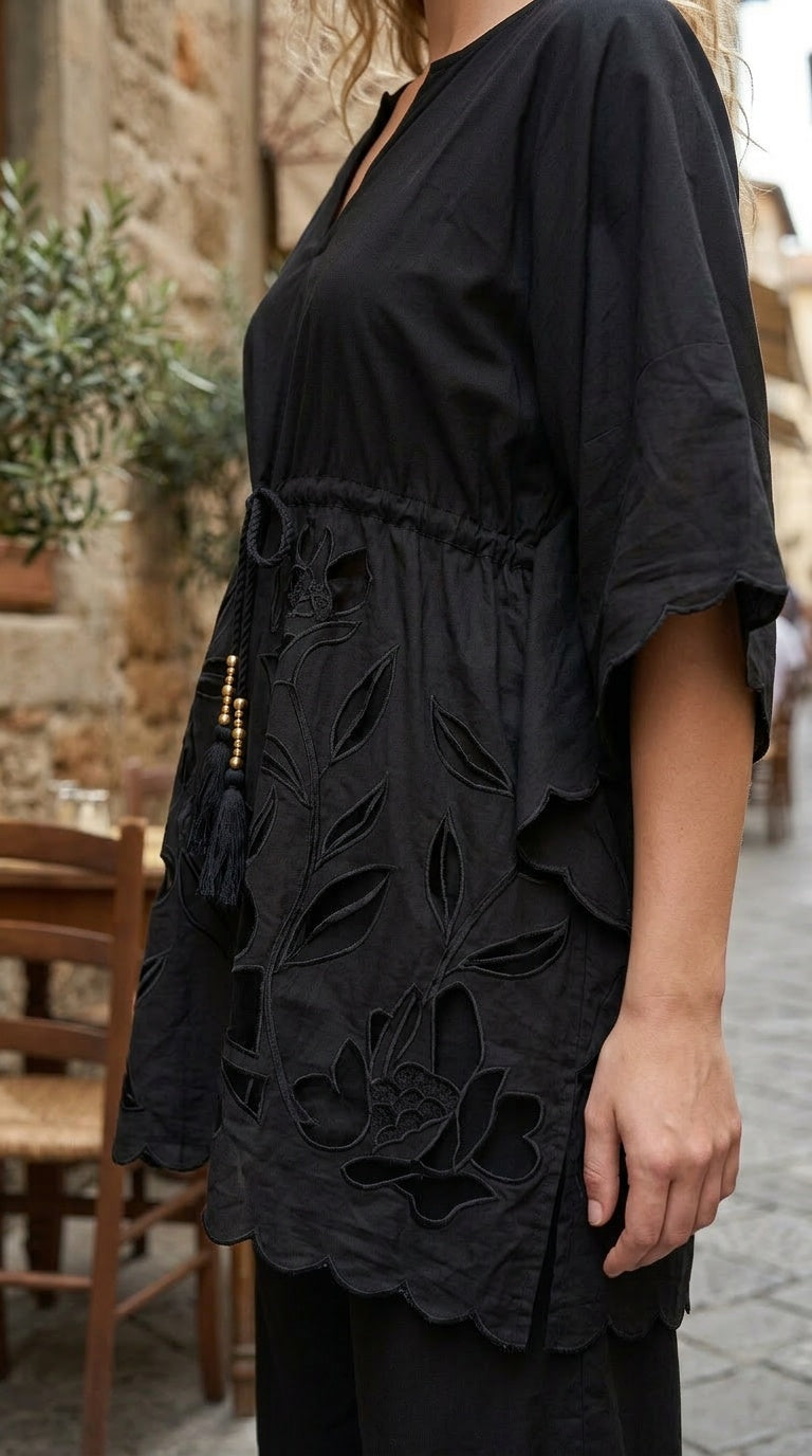 Women's Black Cotton Cambric Boho Floral Cutwork Embroidered Summer Top