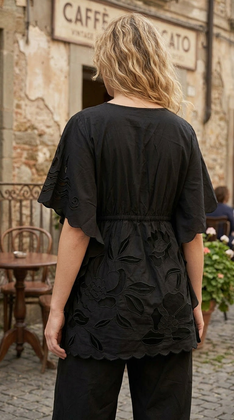 Women's Black Cotton Cambric Boho Floral Cutwork Embroidered Summer Top