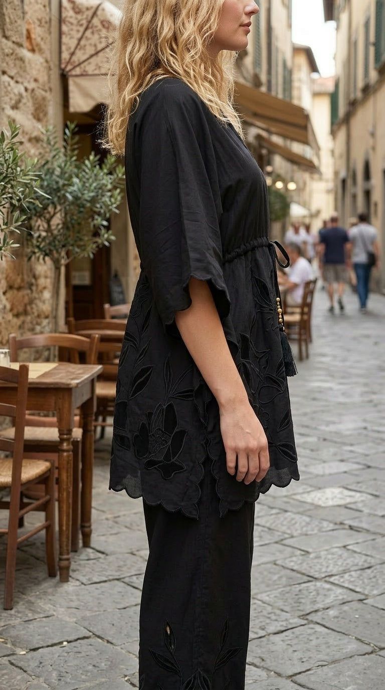Women's Black Cotton Cambric Boho Floral Cutwork Embroidered Summer Top