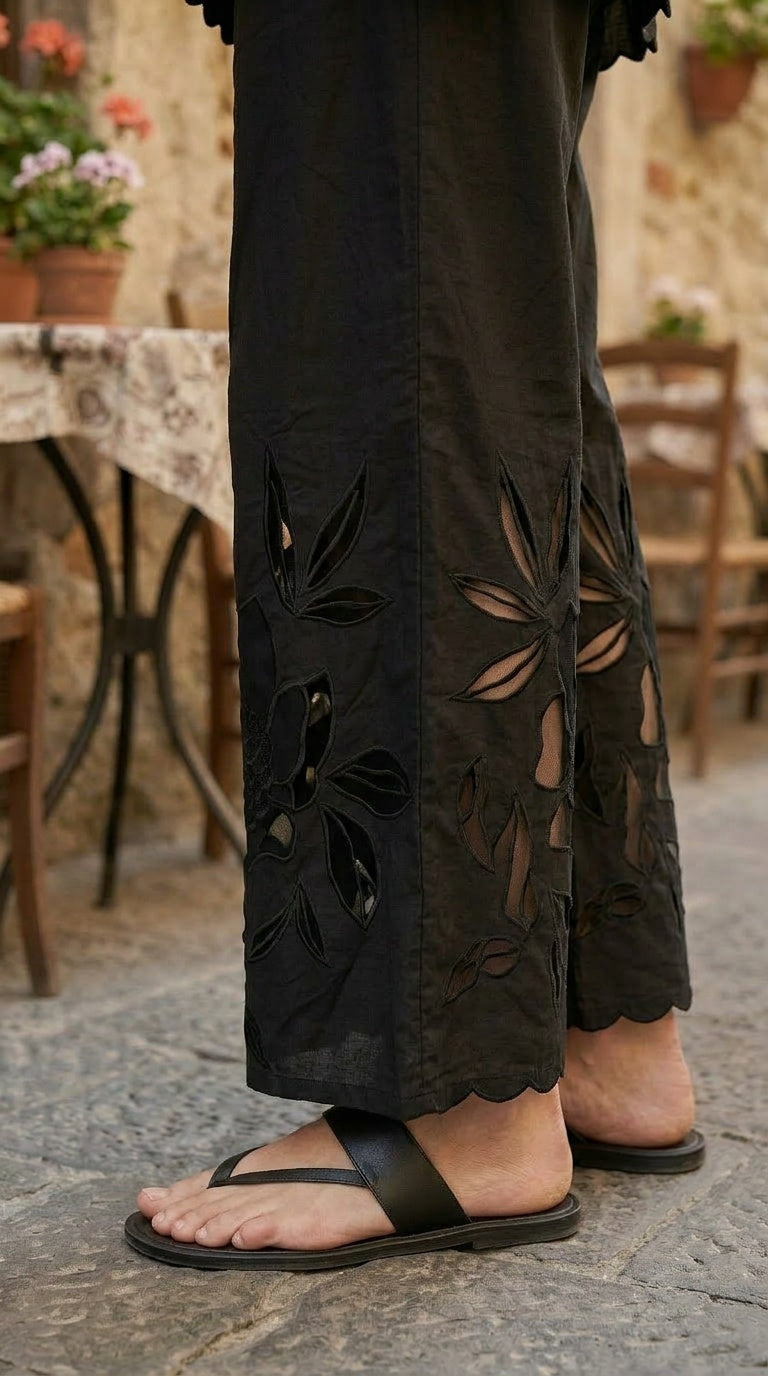 Women's Black Cotton Cambric Floral Cutwork Embroidered Pants