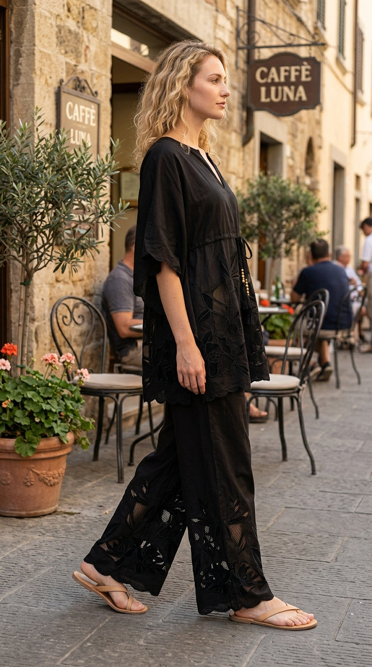 Women's Black Cotton Cambric Floral Cutwork Embroidered Pants